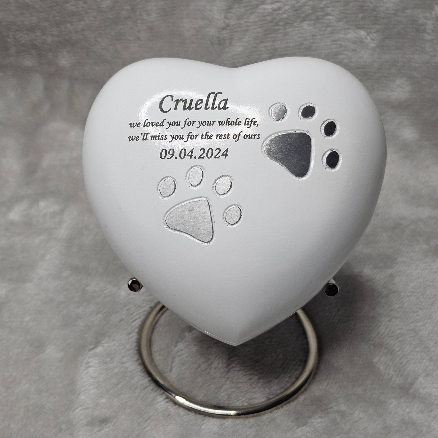Personalised White Heart Pet Urn - FREE stand, FREE Velvet Box & Velvet Bag - Living Forever Memories - For then, For now, Forever.