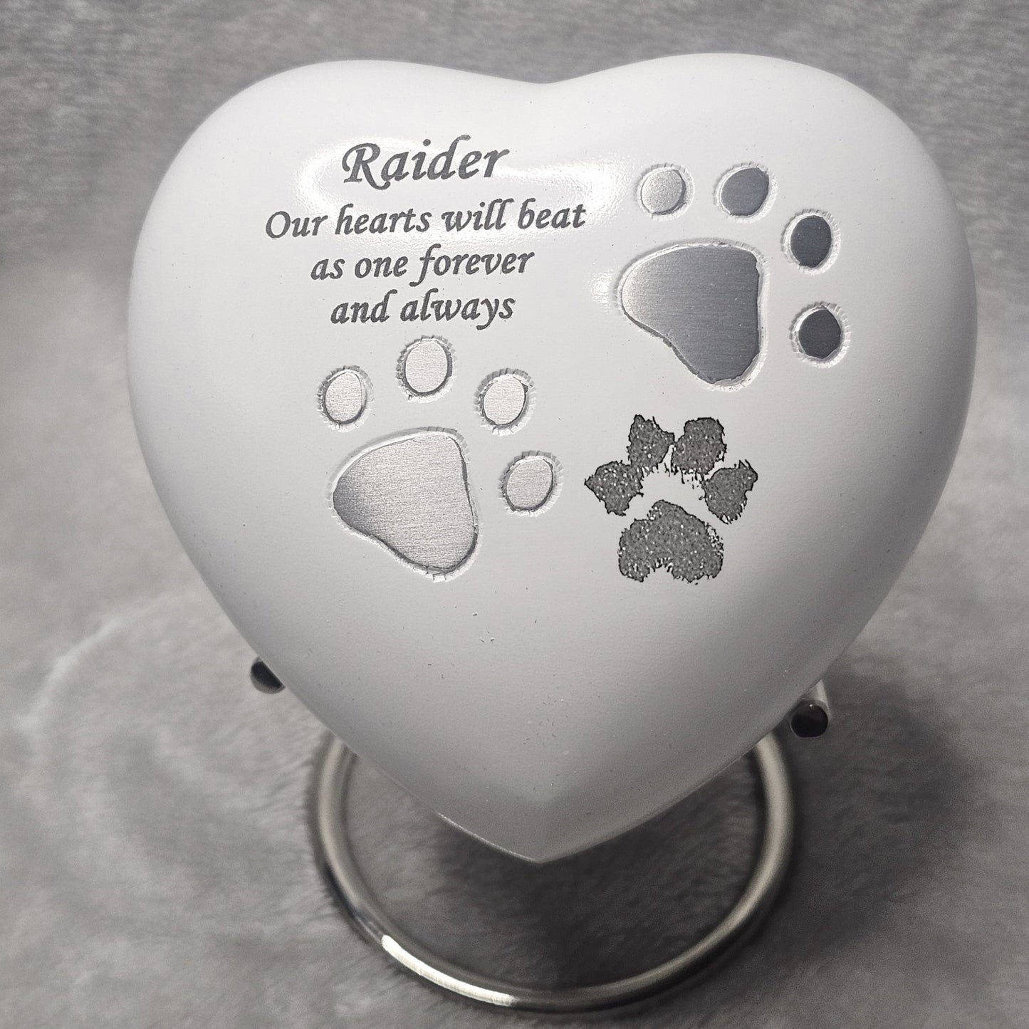 Personalised White Heart Pet Urn - FREE stand, FREE Velvet Box & Velvet Bag - Living Forever Memories - For then, For now, Forever.