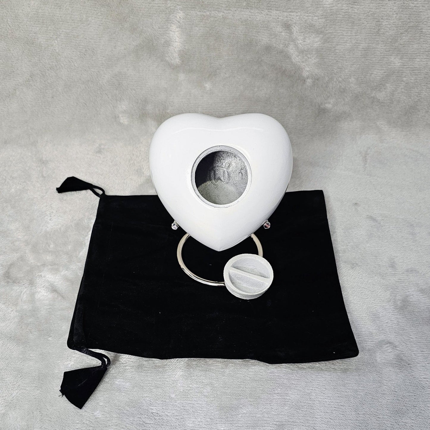 Personalised White Heart Pet Urn - FREE stand, FREE Velvet Box & Velvet Bag - Living Forever Memories - For then, For now, Forever.