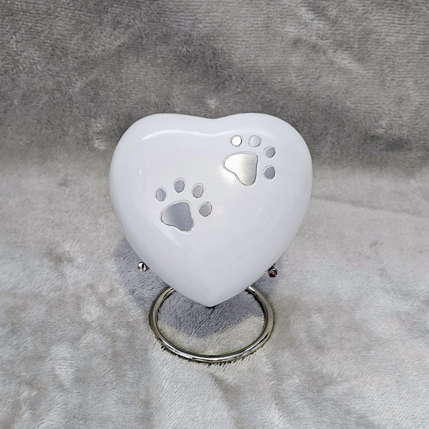 Personalised White Heart Pet Urn - FREE stand, FREE Velvet Box & Velvet Bag - Living Forever Memories - For then, For now, Forever.