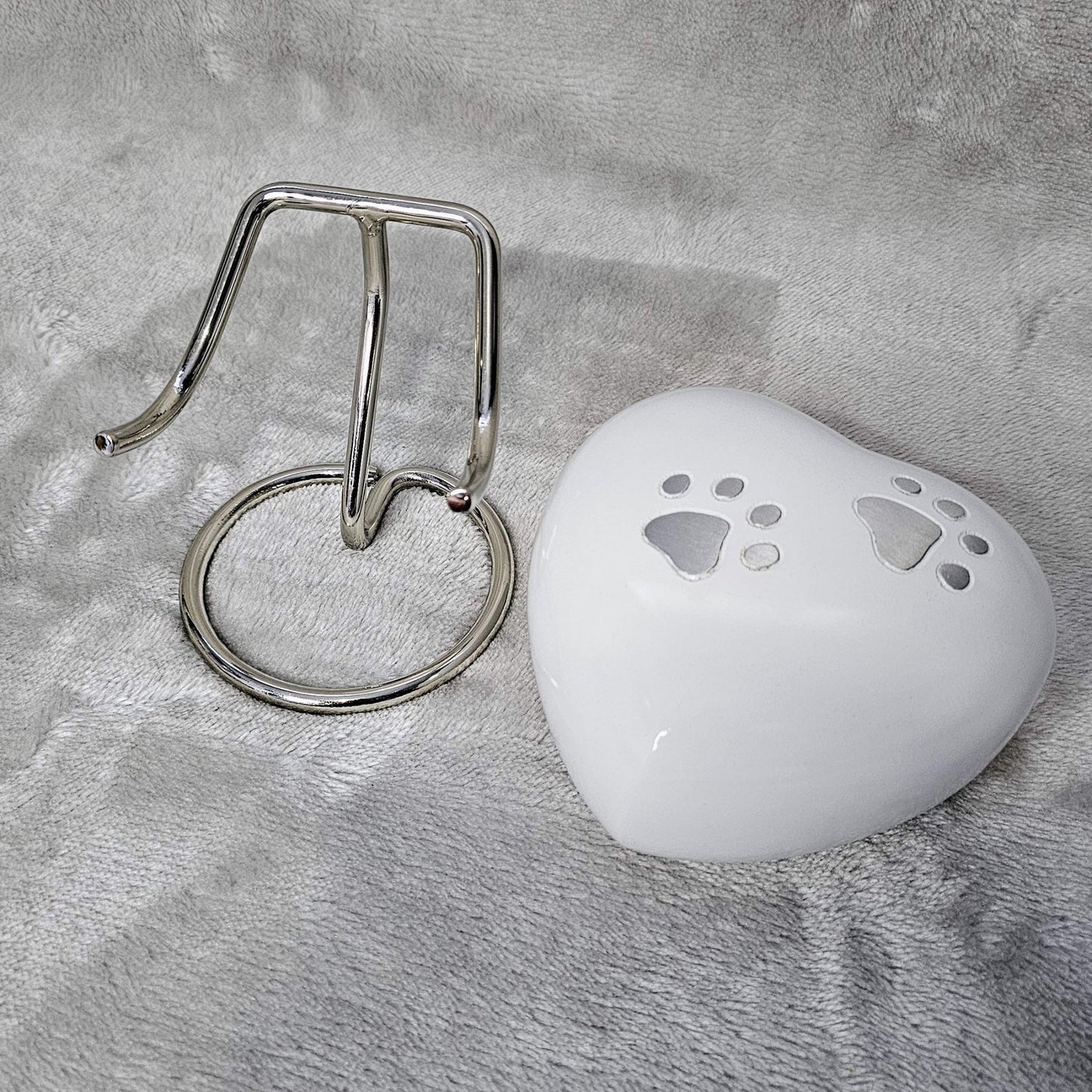 Personalised White Heart Pet Urn - FREE stand, FREE Velvet Box & Velvet Bag - Living Forever Memories - For then, For now, Forever.