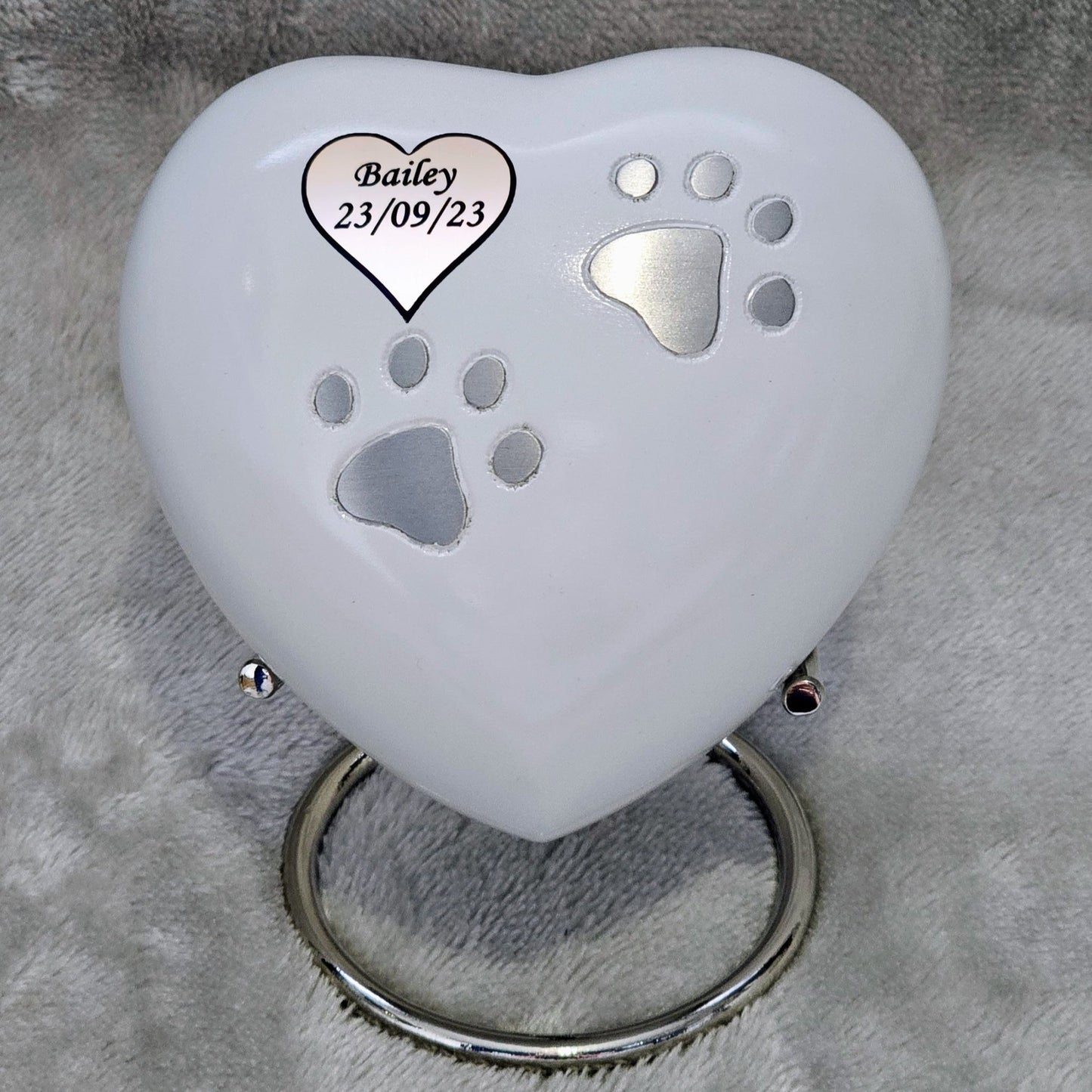 Personalised White Heart Pet Urn - FREE stand, FREE Velvet Box & Velvet Bag - Living Forever Memories - For then, For now, Forever.
