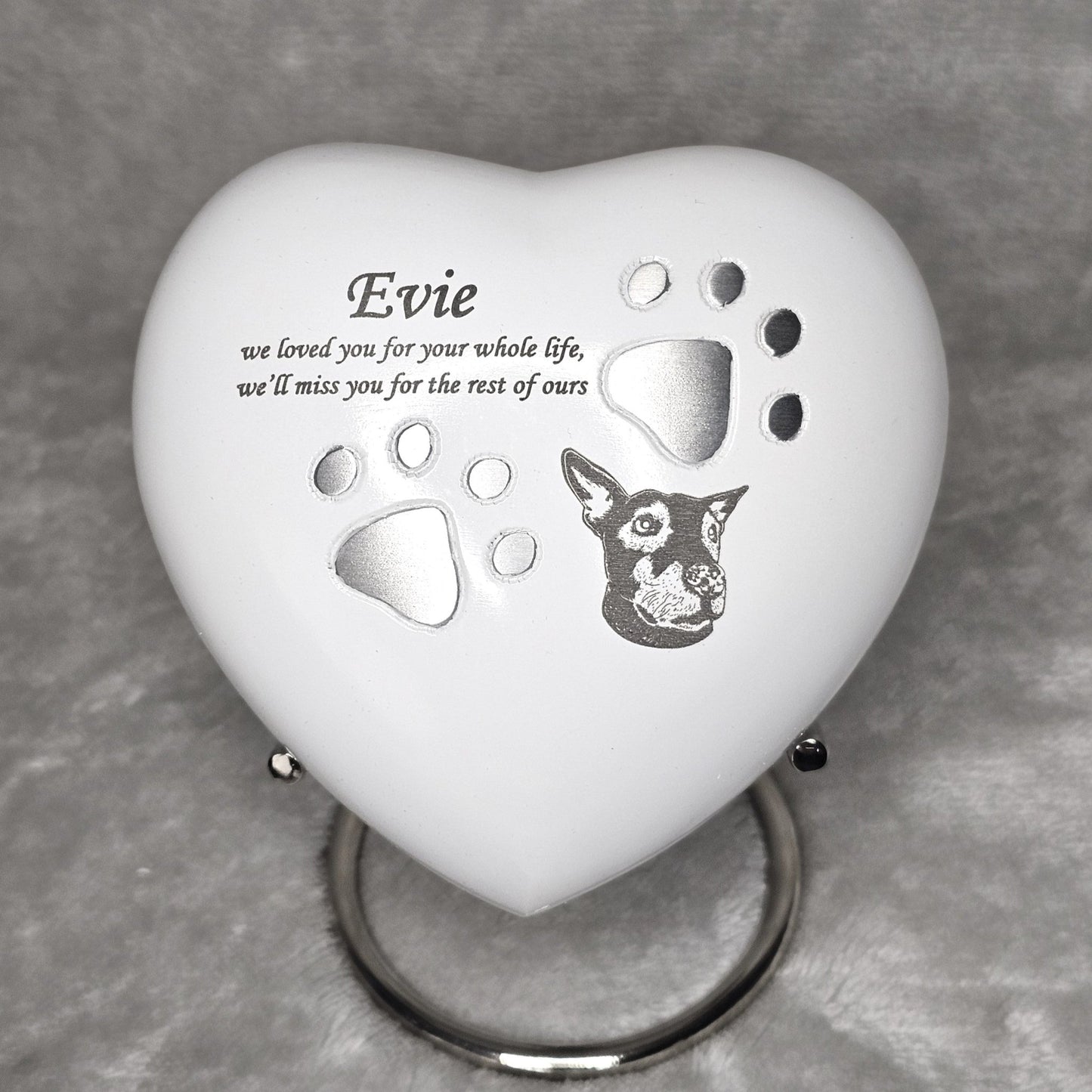Personalised White Heart Pet Urn - FREE stand, FREE Velvet Box & Velvet Bag - Living Forever Memories - For then, For now, Forever.