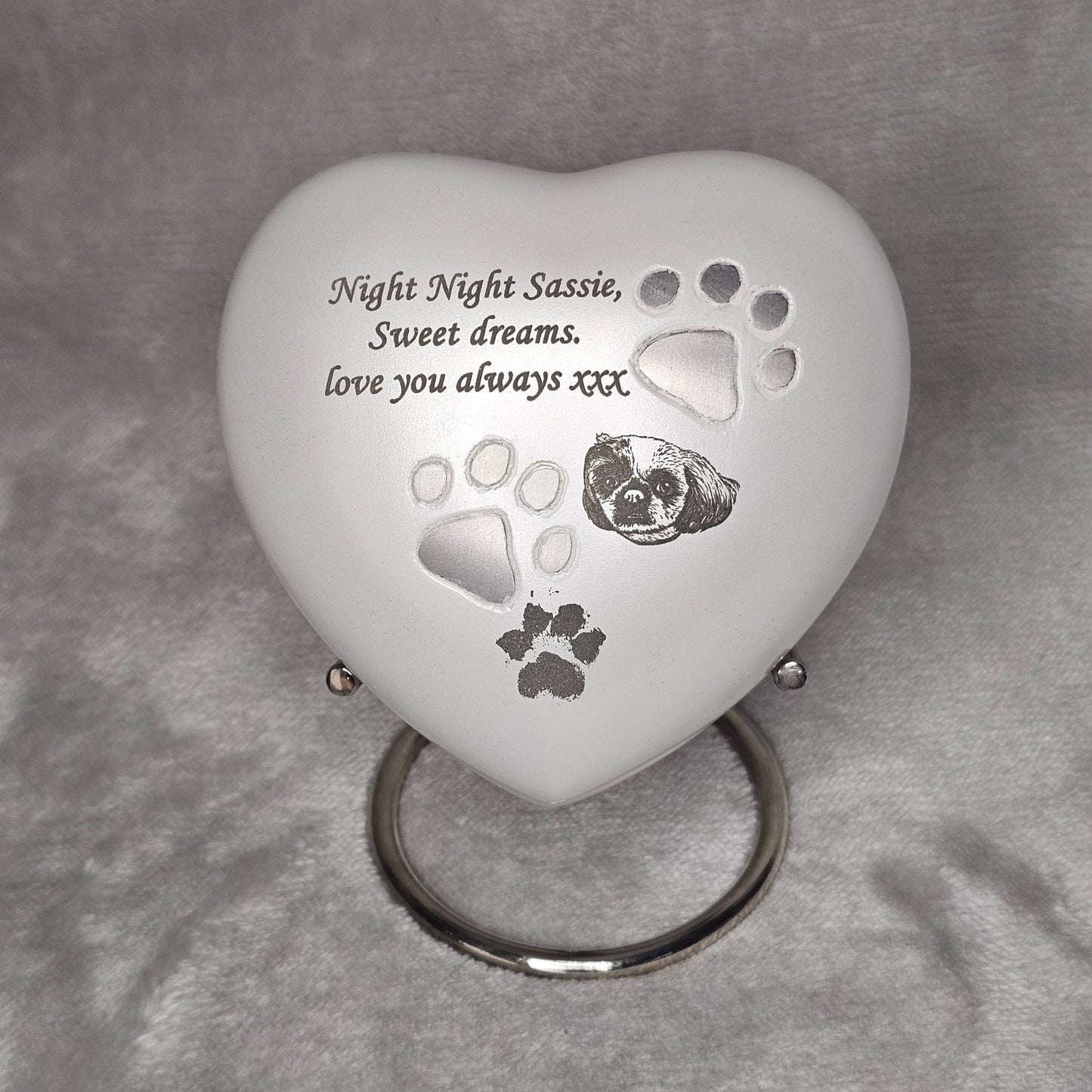 Personalised White Heart Pet Urn - FREE stand, FREE Velvet Box & Velvet Bag - Living Forever Memories - For then, For now, Forever.