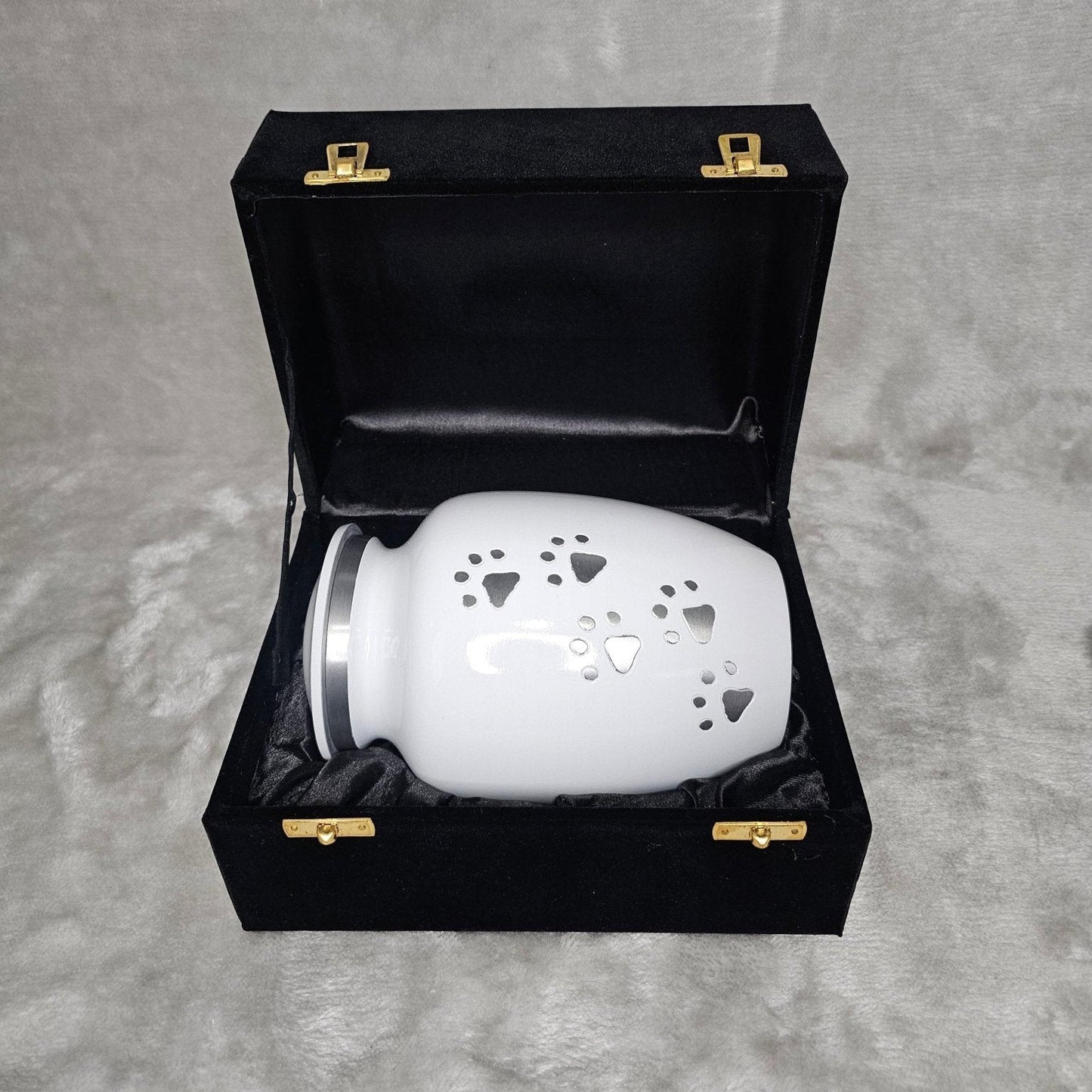 Personalised White Running Paw Jar Urn - FREE Velvet Box & Velvet Bag - Living Forever Memories - For then, For now, Forever.