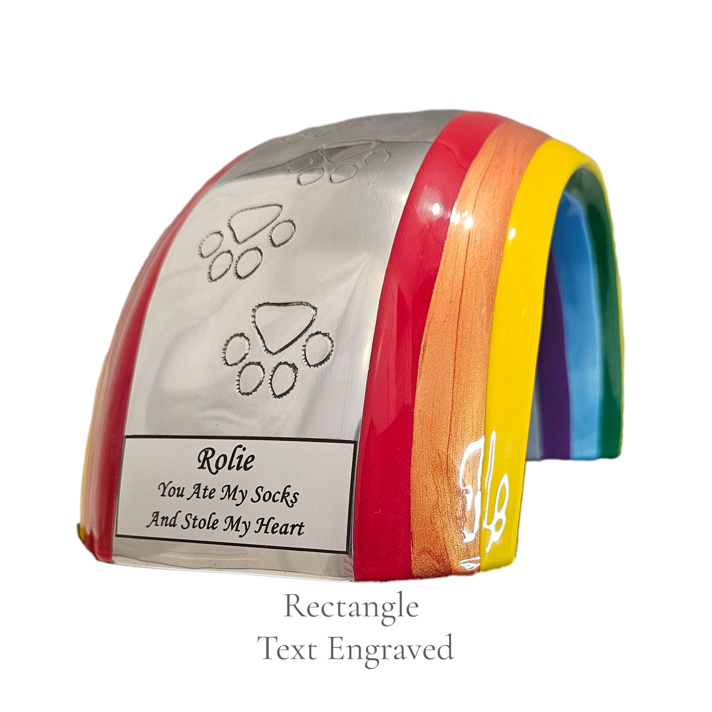 Personalisierte große Urne mit Regenbogenbrücke – abgerundete rechteckige Plakette