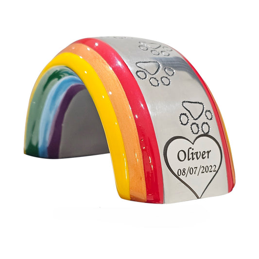 Personalisierte Andenken-Urne für Haustiere mit Regenbogenbrücke – KOSTENLOSE Samtbox ​​und Samtbeutel