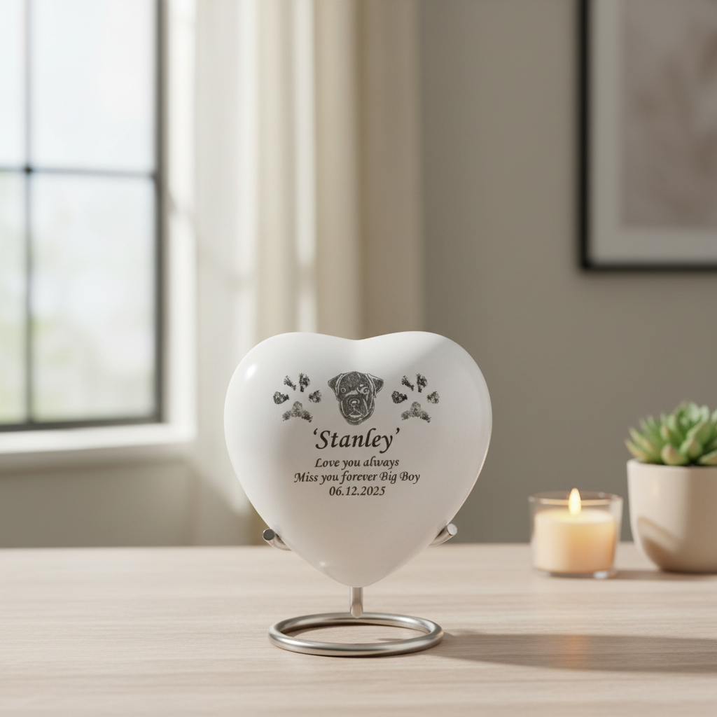 Medium White Heart Pet Urn – Bespoke Design - For Pets upto 15kg/33lbs - LFmemories - For Then, For Now, Forever.