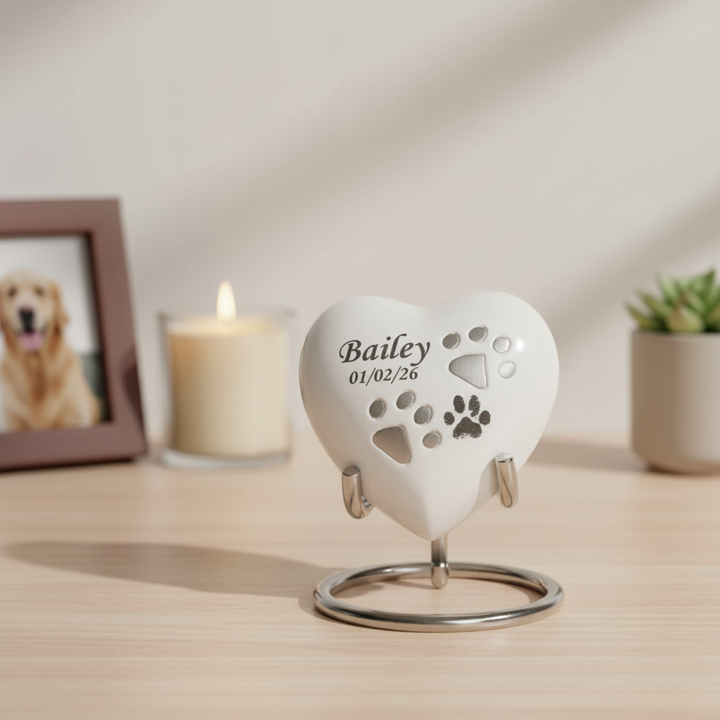 Small White Heart Pet Urn – Personalised - For Pets upto 2.1k0g/4.63lbs - LFmemories - For Then, For Now, Forever.