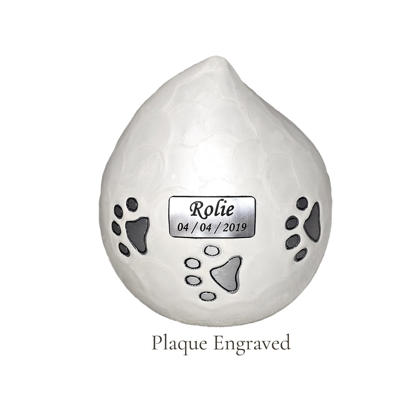 White Teardrop Pet Urn – Personalised - For Pets upto 20kg/44lbs