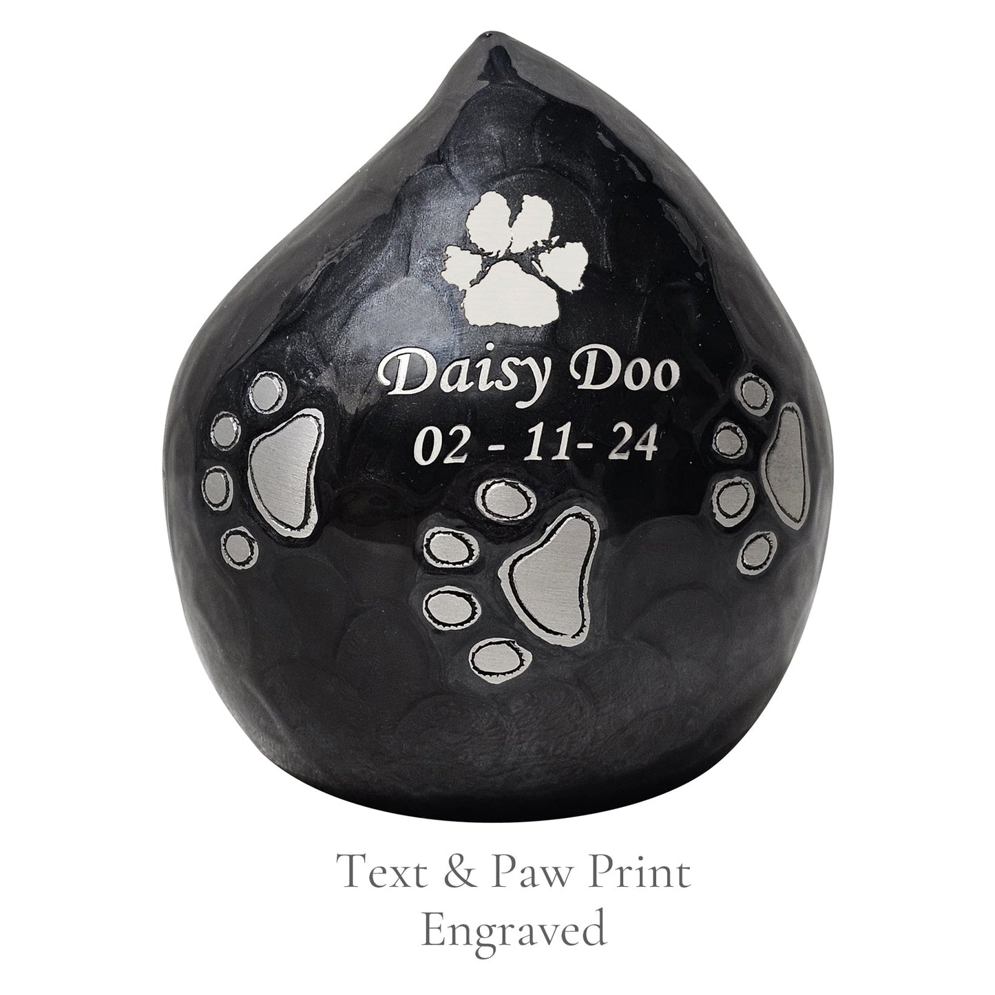 Text & PawPrint Engraved Black Teardrop