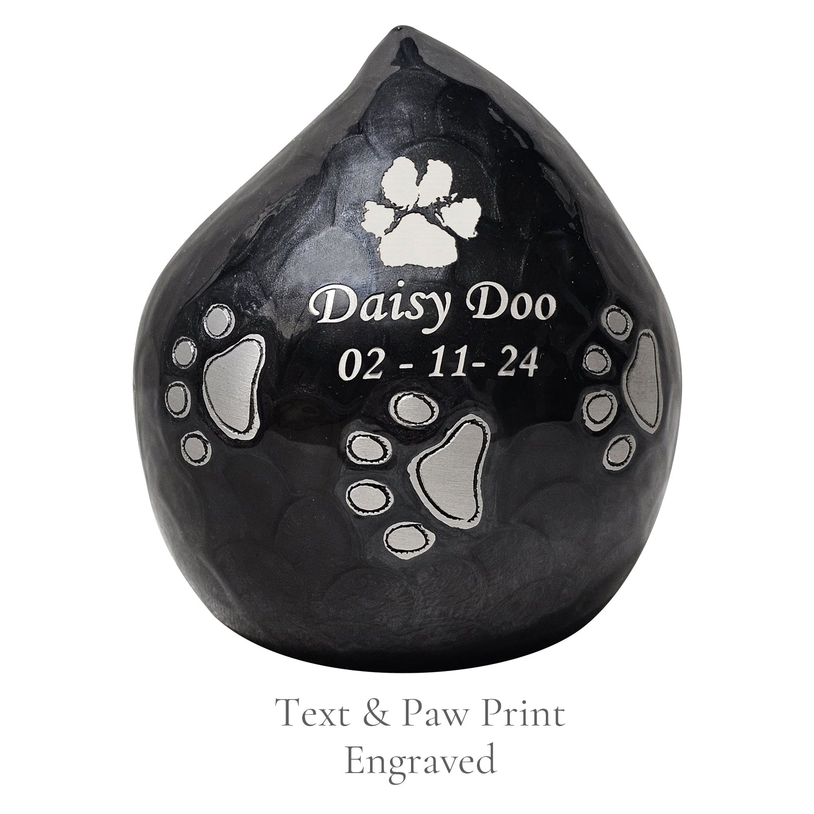 Text & PawPrint Engraved Black Teardrop