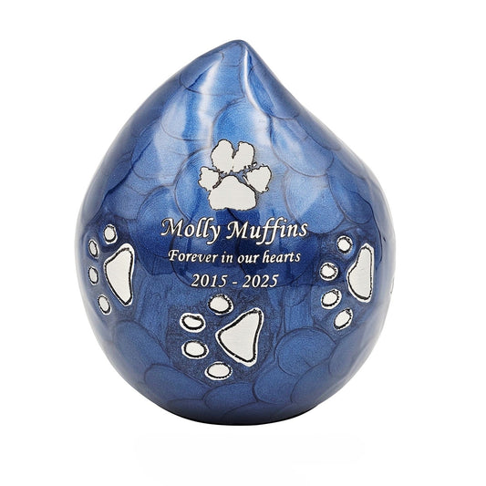 Text and Paw print engraved Blue Teardrop