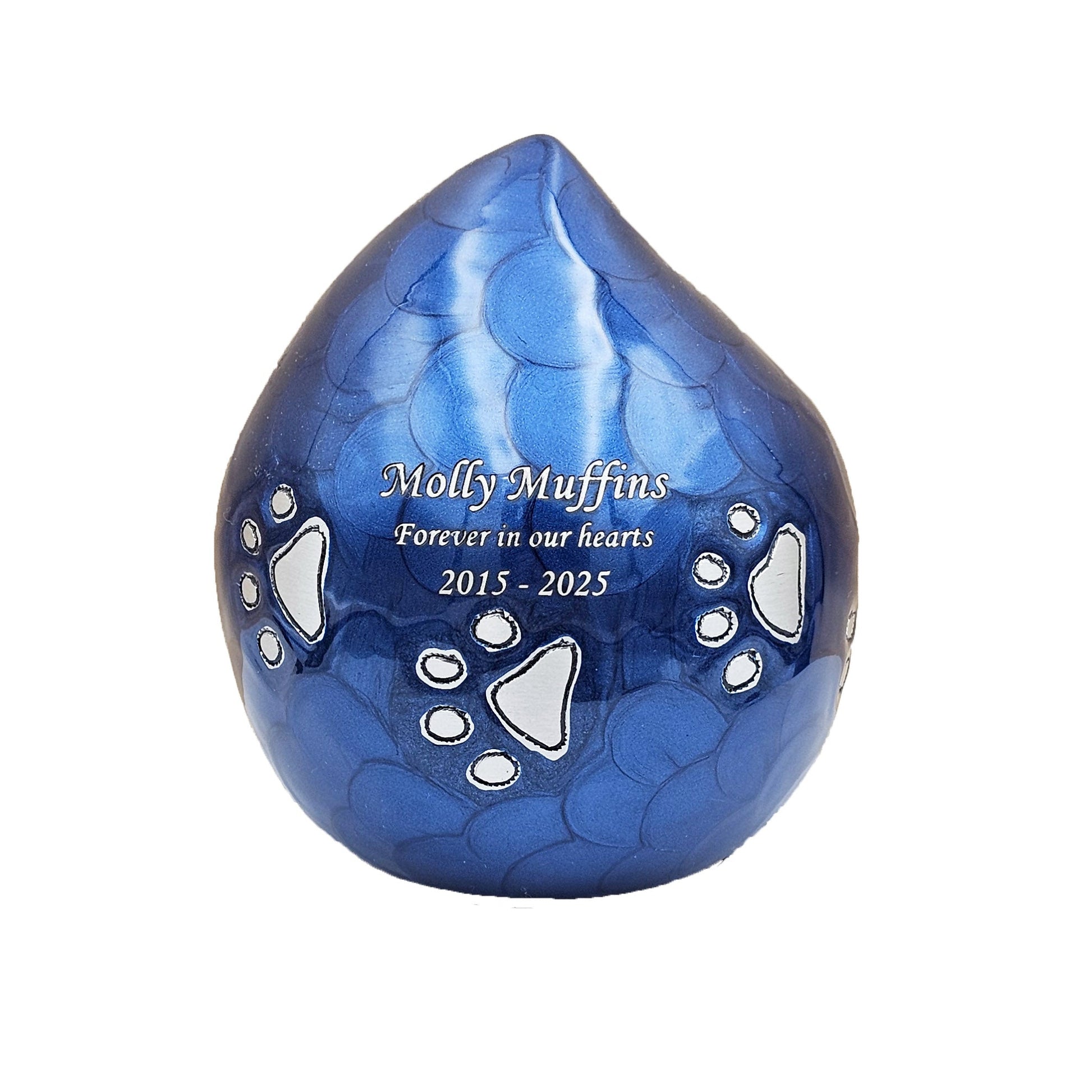 Sapphire blue urn with text engraved