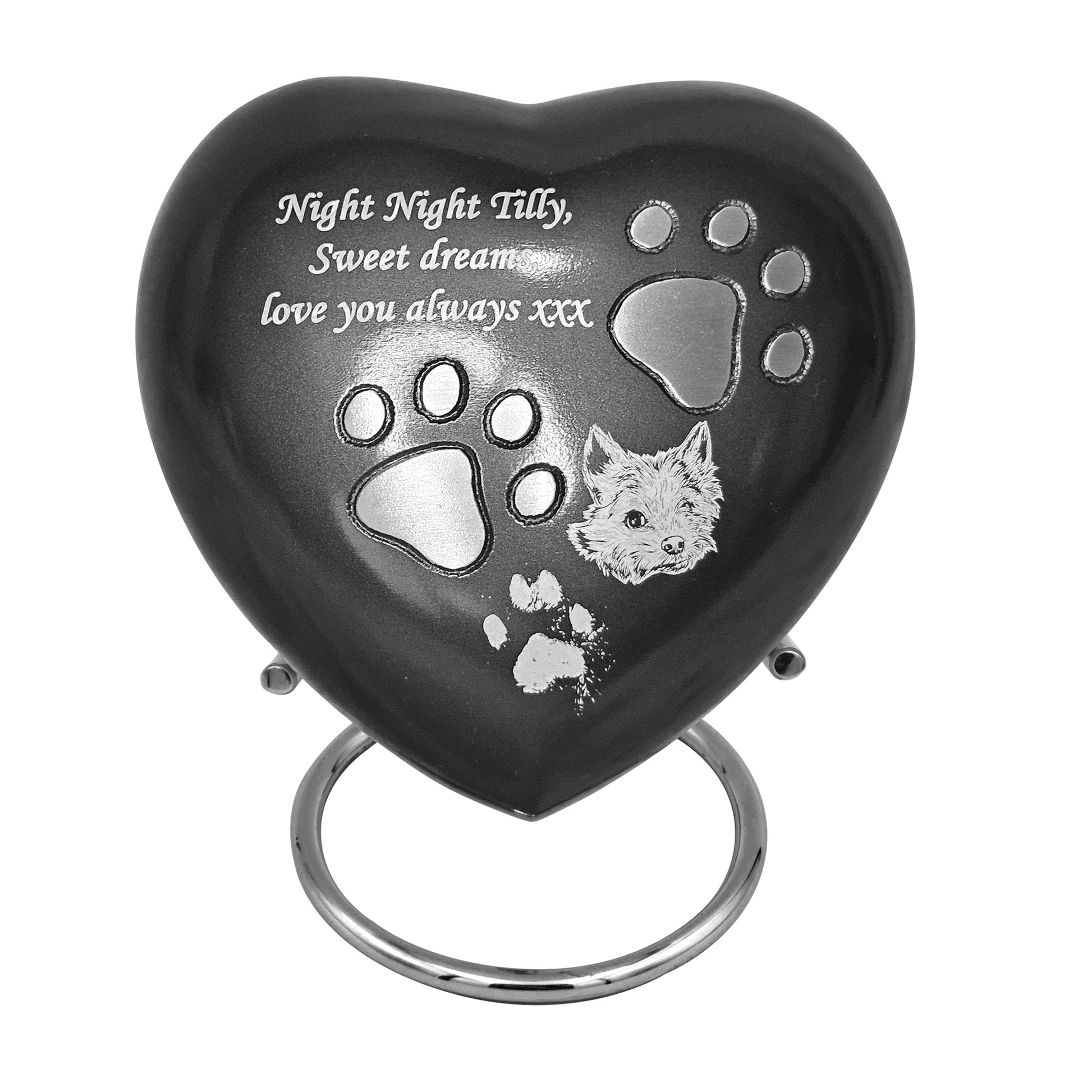 Text, photo and paw engraved onto the urn