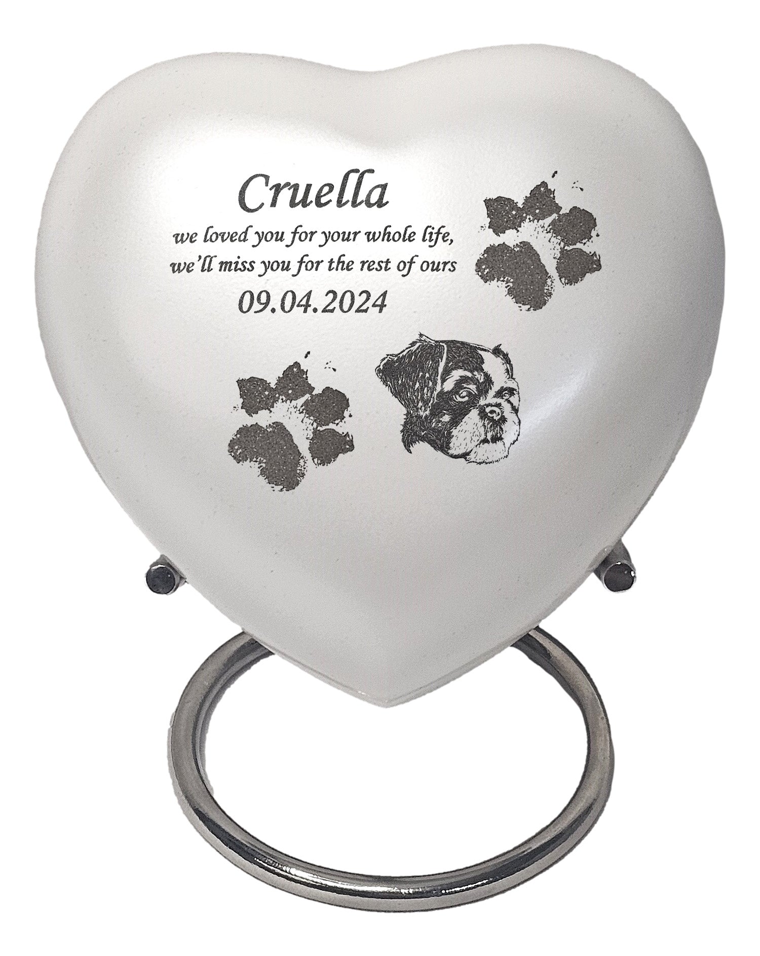 Bespoke White Heart Pet Urn - Stand, Delivery & Velvet Box Included - Living Forever Memories - For then, For now, Forever.