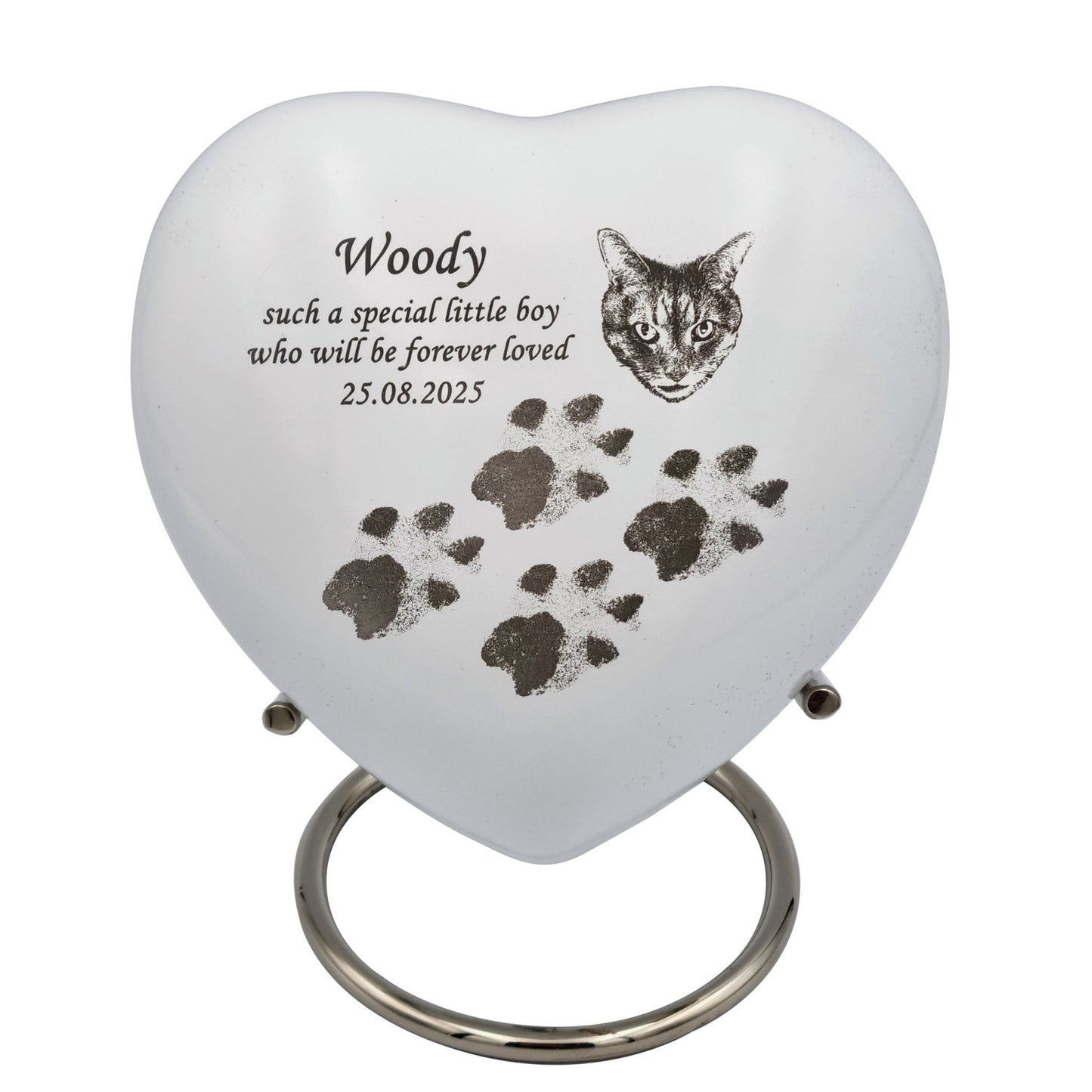 Bespoke White Heart Pet Urn - Stand, Delivery & Velvet Box Included - Living Forever Memories - For then, For now, Forever.