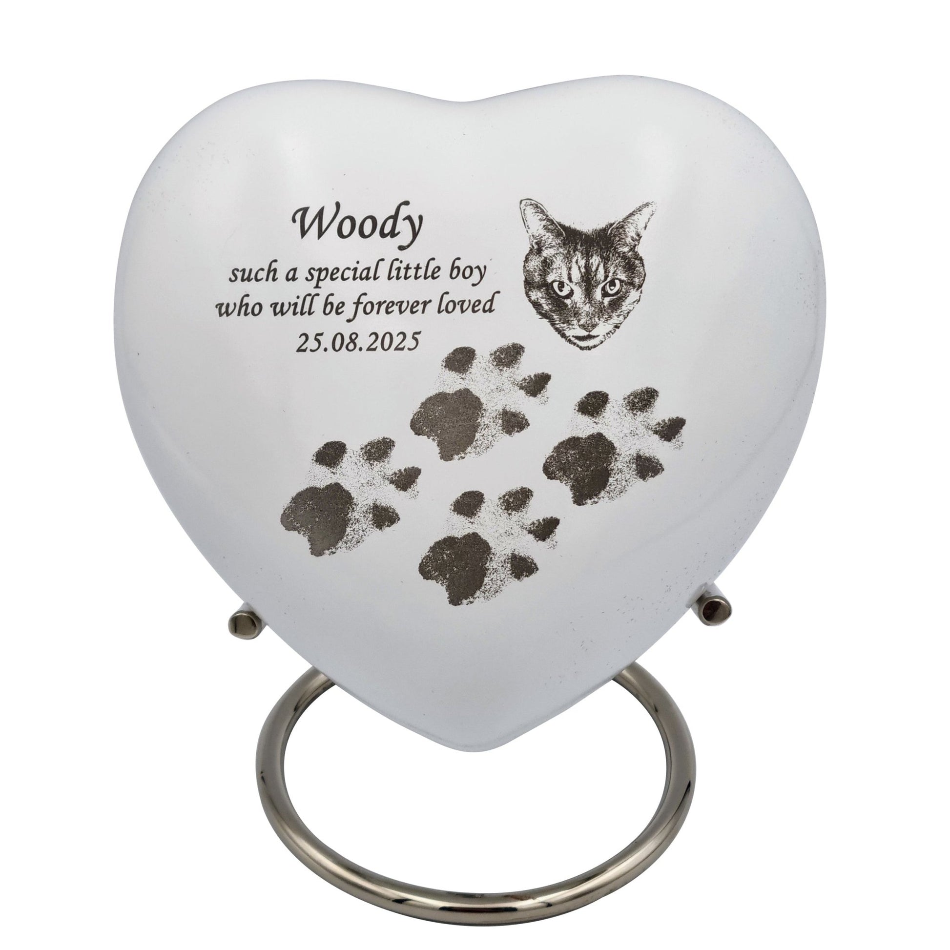 Bespoke White Heart Pet Urn - Stand, Delivery & Velvet Box Included - Living Forever Memories - For then, For now, Forever.