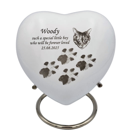 Bespoke White Heart Pet Urn - Stand, Delivery & Velvet Box Included - Living Forever Memories - For then, For now, Forever.