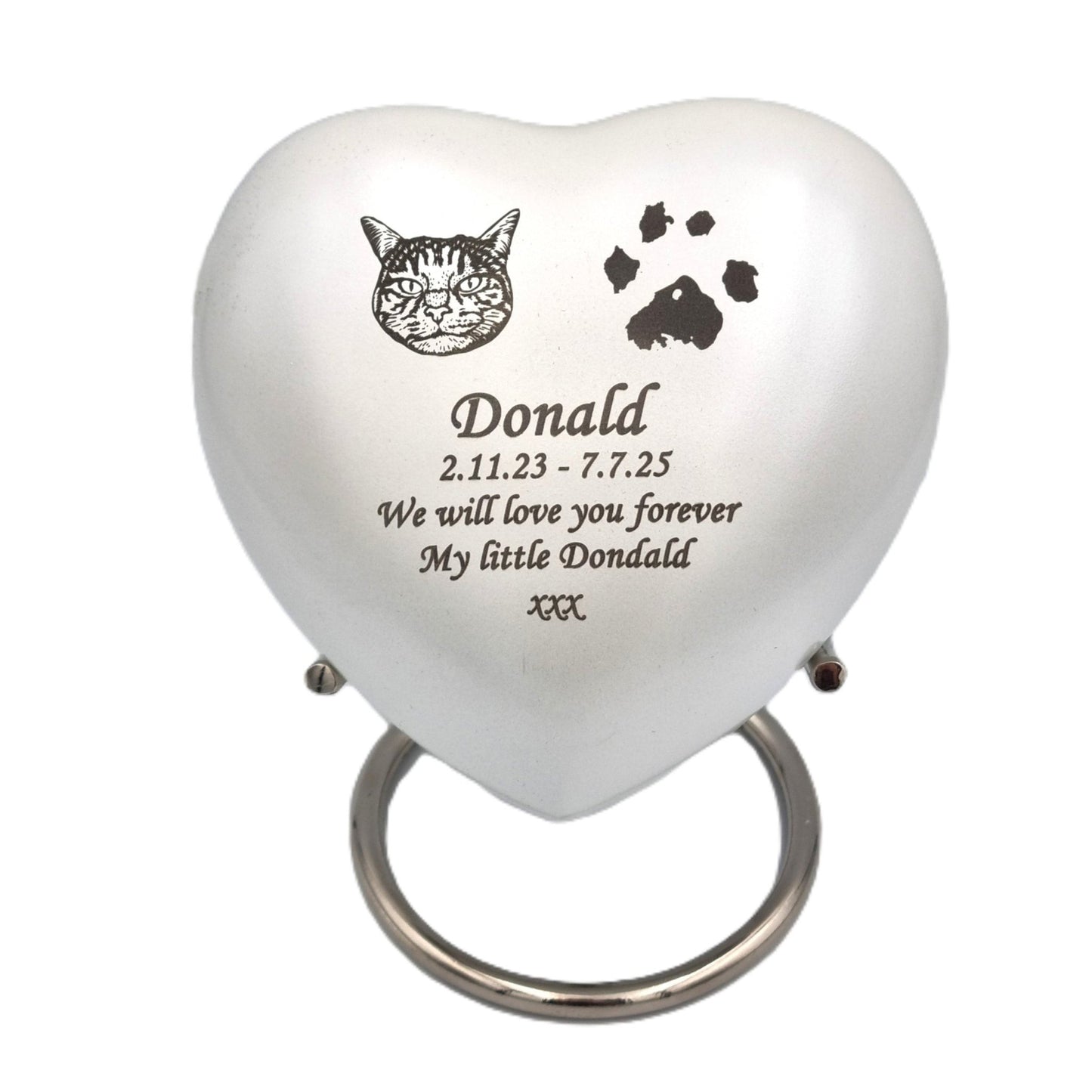 Bespoke White Heart Pet Urn - Stand, Delivery & Velvet Box Included - Living Forever Memories - For then, For now, Forever.