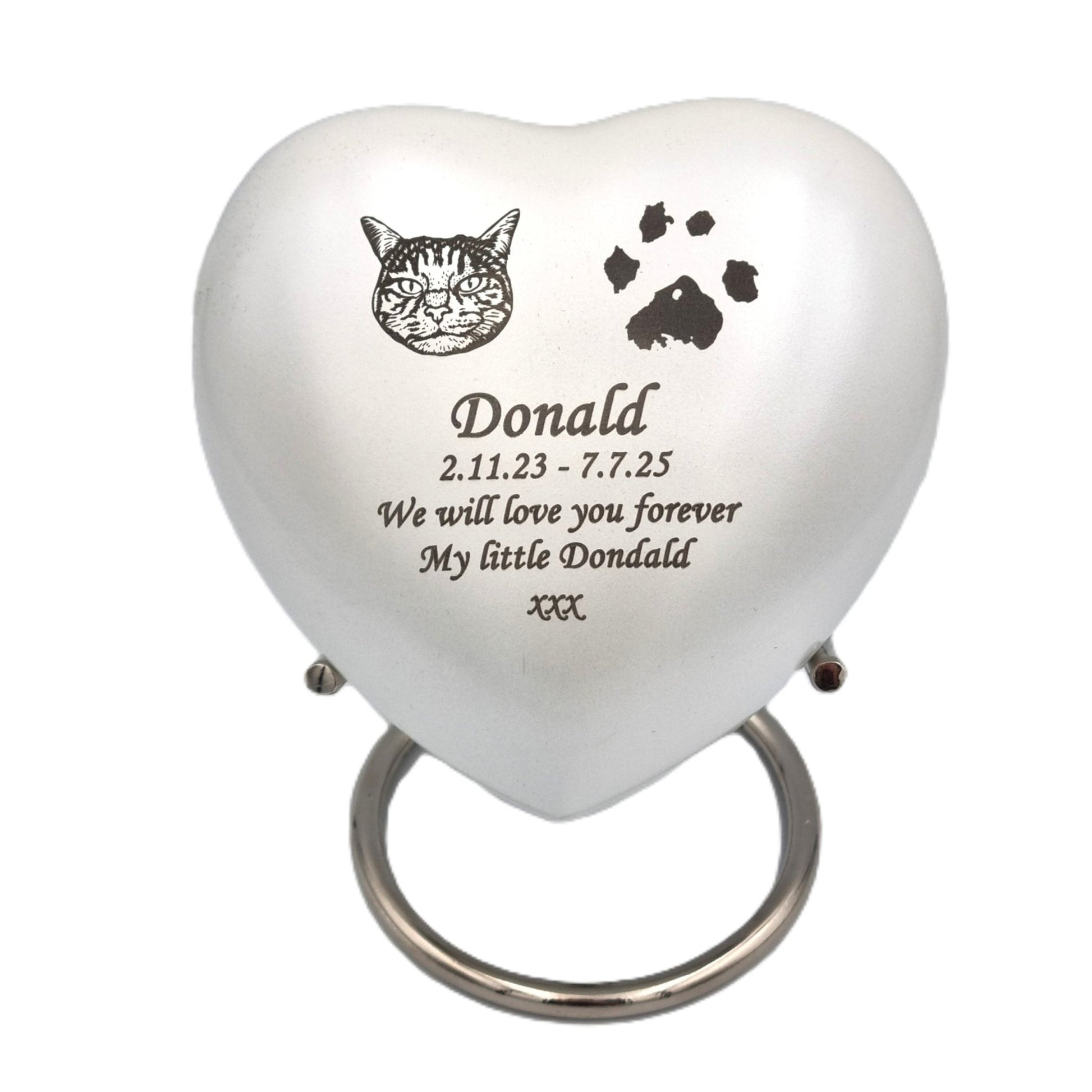 Bespoke White Heart Pet Urn - Stand, Delivery & Velvet Box Included - Living Forever Memories - For then, For now, Forever.
