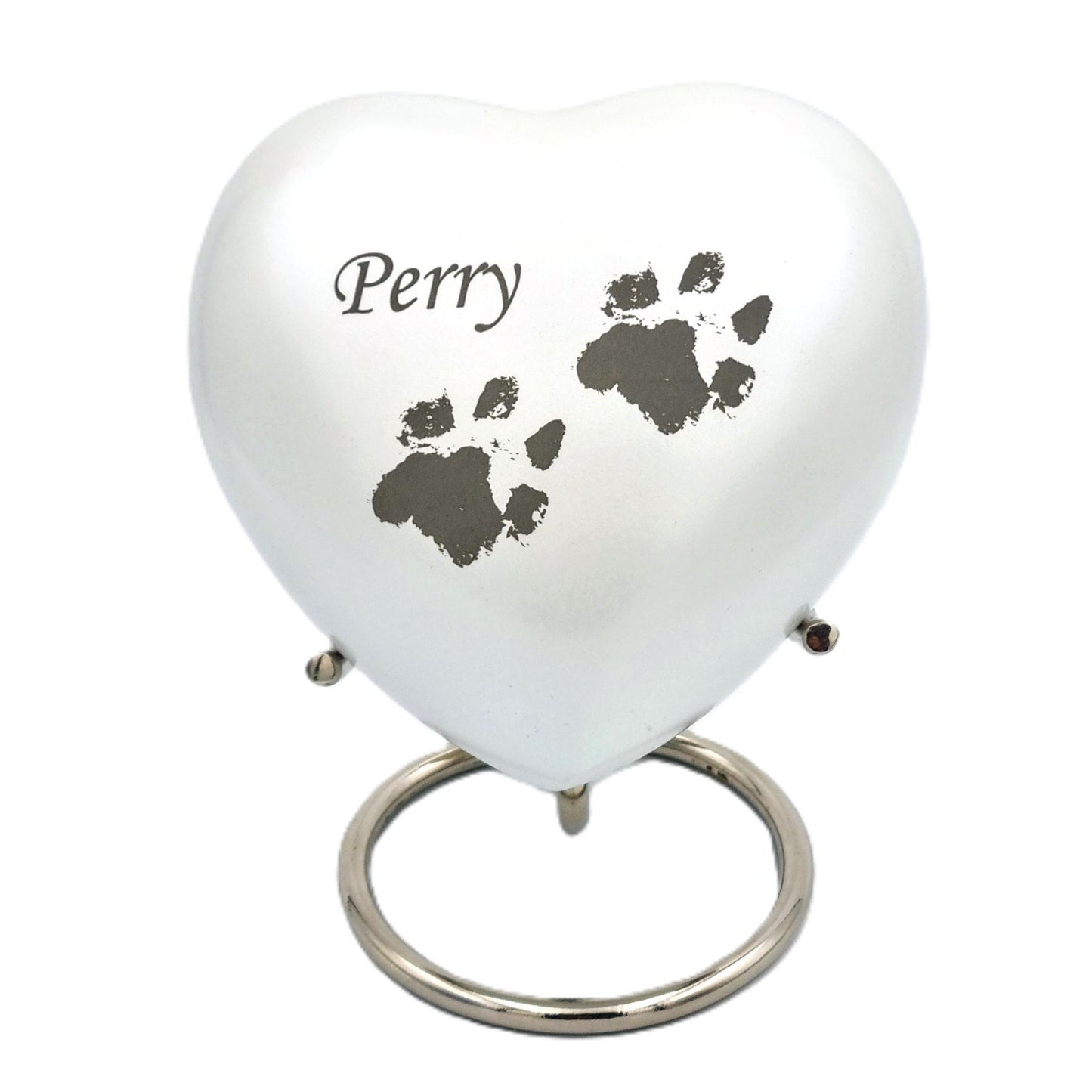 Bespoke White Heart Pet Urn - Stand, Delivery & Velvet Box Included - Living Forever Memories - For then, For now, Forever.