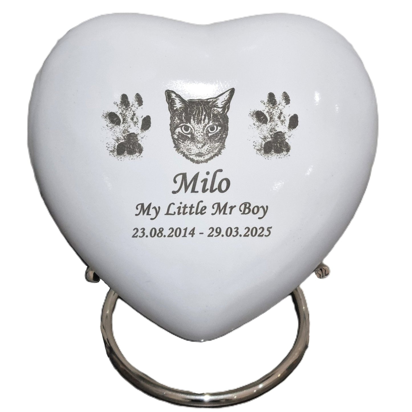 Bespoke White Heart Pet Urn - Stand, Delivery & Velvet Box Included - Living Forever Memories - For then, For now, Forever.