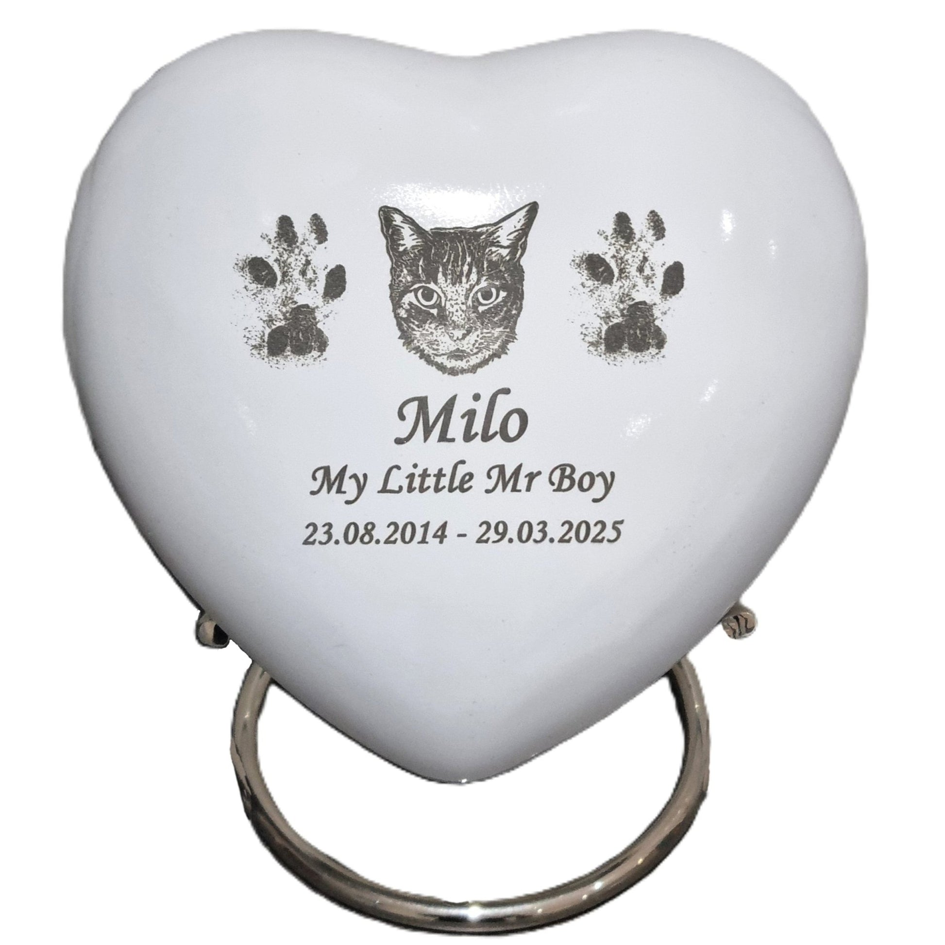 Bespoke White Heart Pet Urn - Stand, Delivery & Velvet Box Included - Living Forever Memories - For then, For now, Forever.