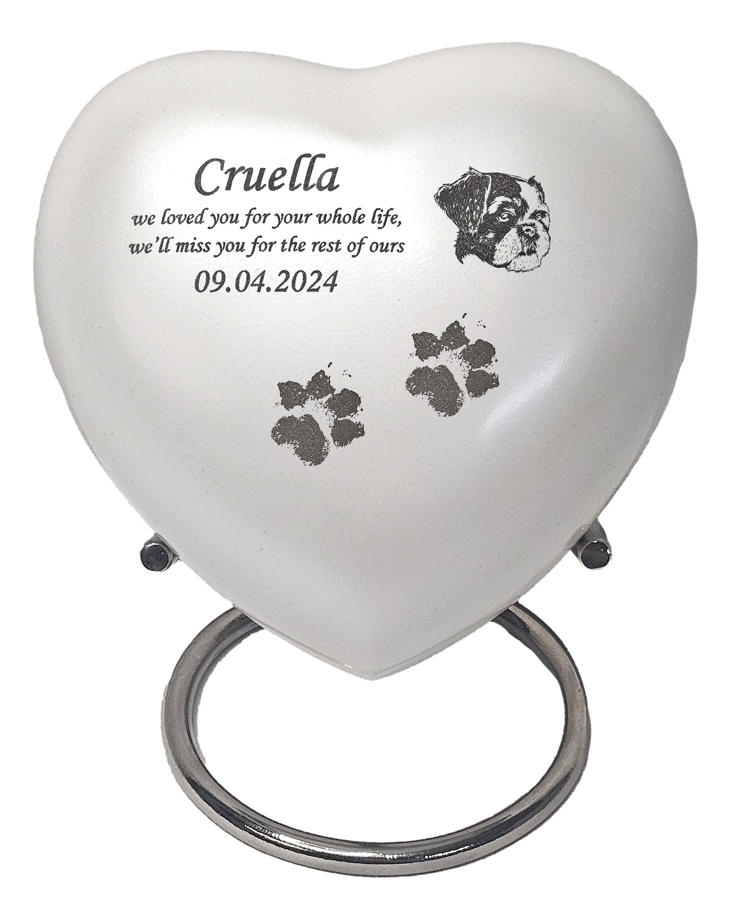 Bespoke White Heart Pet Urn - Stand, Delivery & Velvet Box Included - Living Forever Memories - For then, For now, Forever.