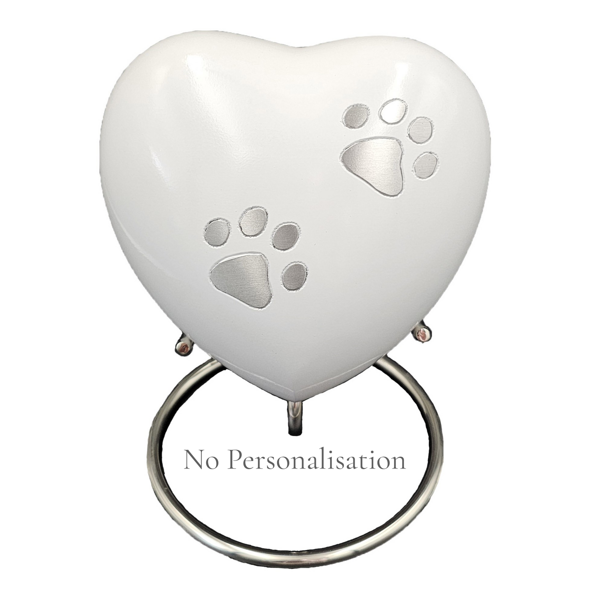Heart-shaped pet urn with paw prints on a white heart urn