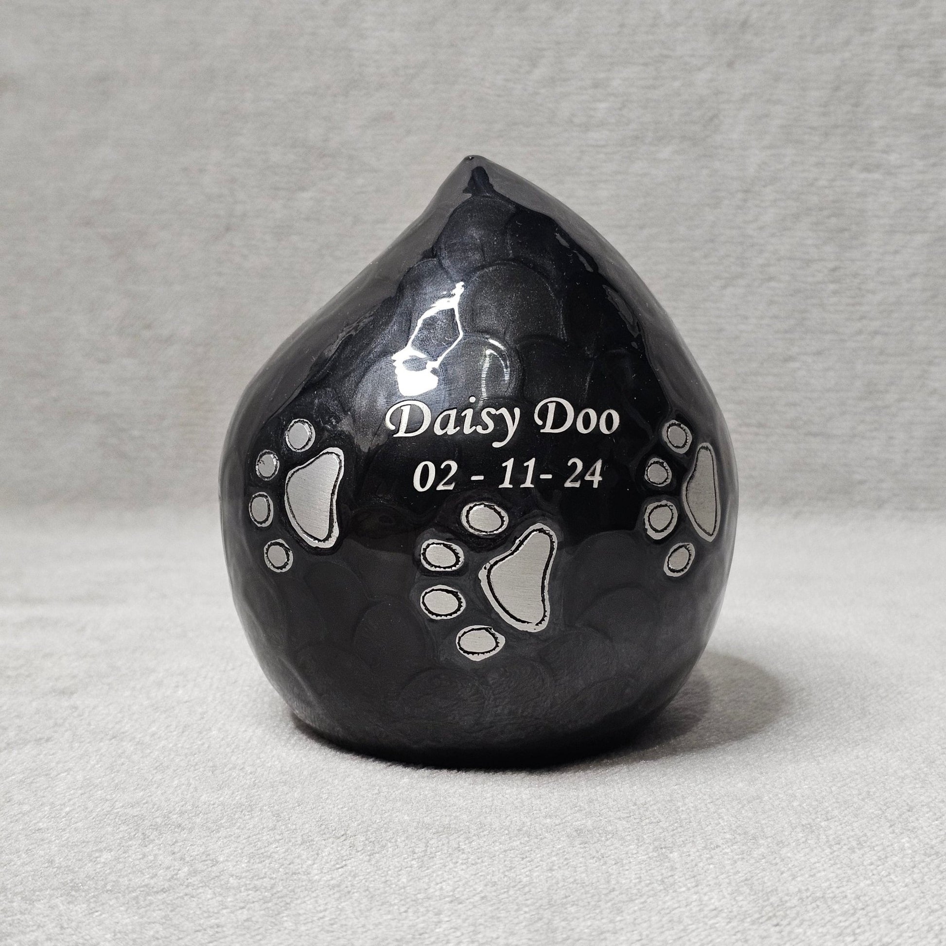 Charcoal Grey Personalised Pet Loss Teardrop Urn - Free Velvet Box & Velvet Bag - Living Forever Memories - For then, For now, Forever.