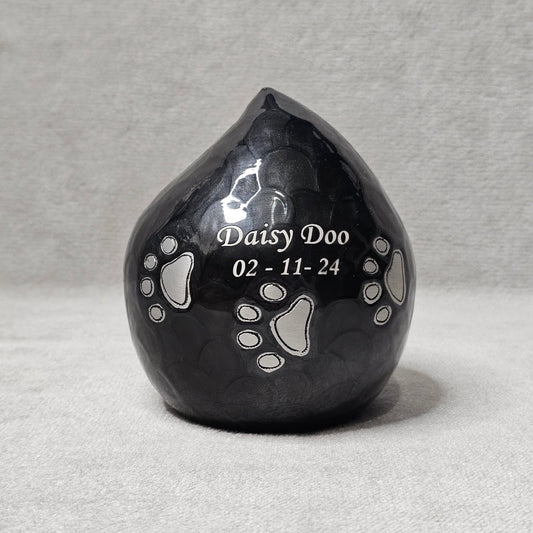 Charcoal Grey Personalised Pet Loss Teardrop Urn - Free Velvet Box & Velvet Bag - Living Forever Memories - For then, For now, Forever.