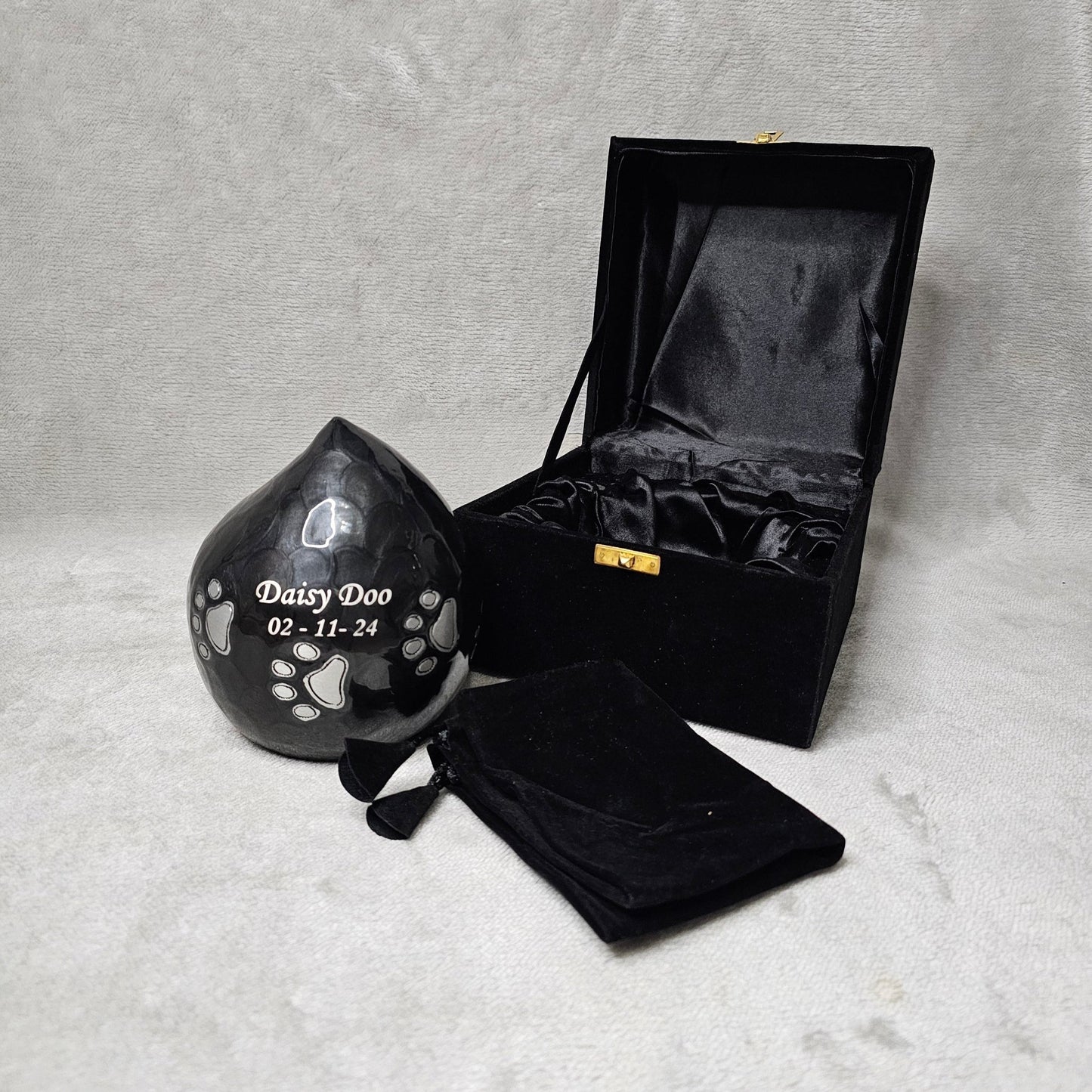 Charcoal Grey Personalised Pet Loss Teardrop Urn - Free Velvet Box & Velvet Bag - Living Forever Memories - For then, For now, Forever.