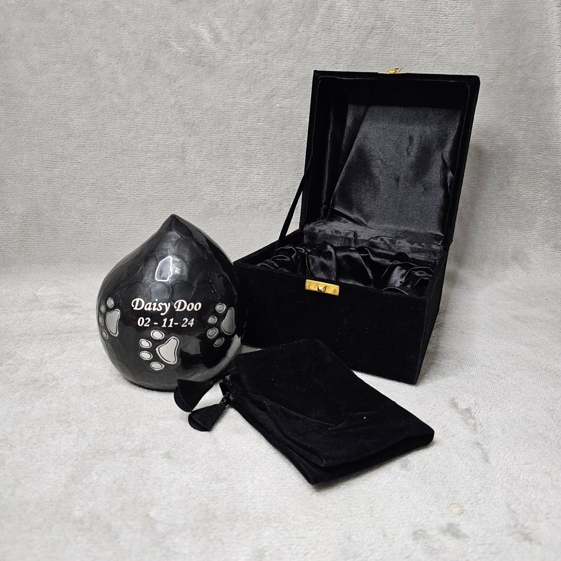 Charcoal Grey Personalised Pet Loss Teardrop Urn - Free Velvet Box & Velvet Bag - Living Forever Memories - For then, For now, Forever.