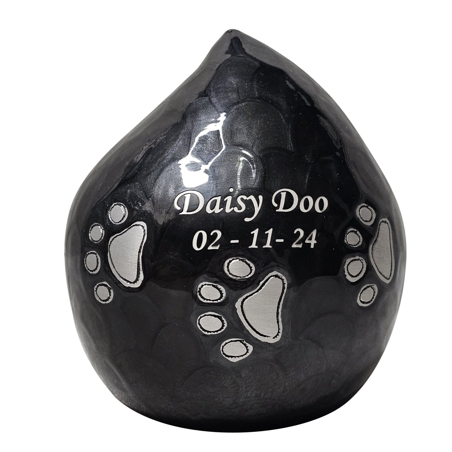 Charcoal Grey Teardrop Pet Urn – Personalised - Living Forever Memories - For then, For now, Forever.