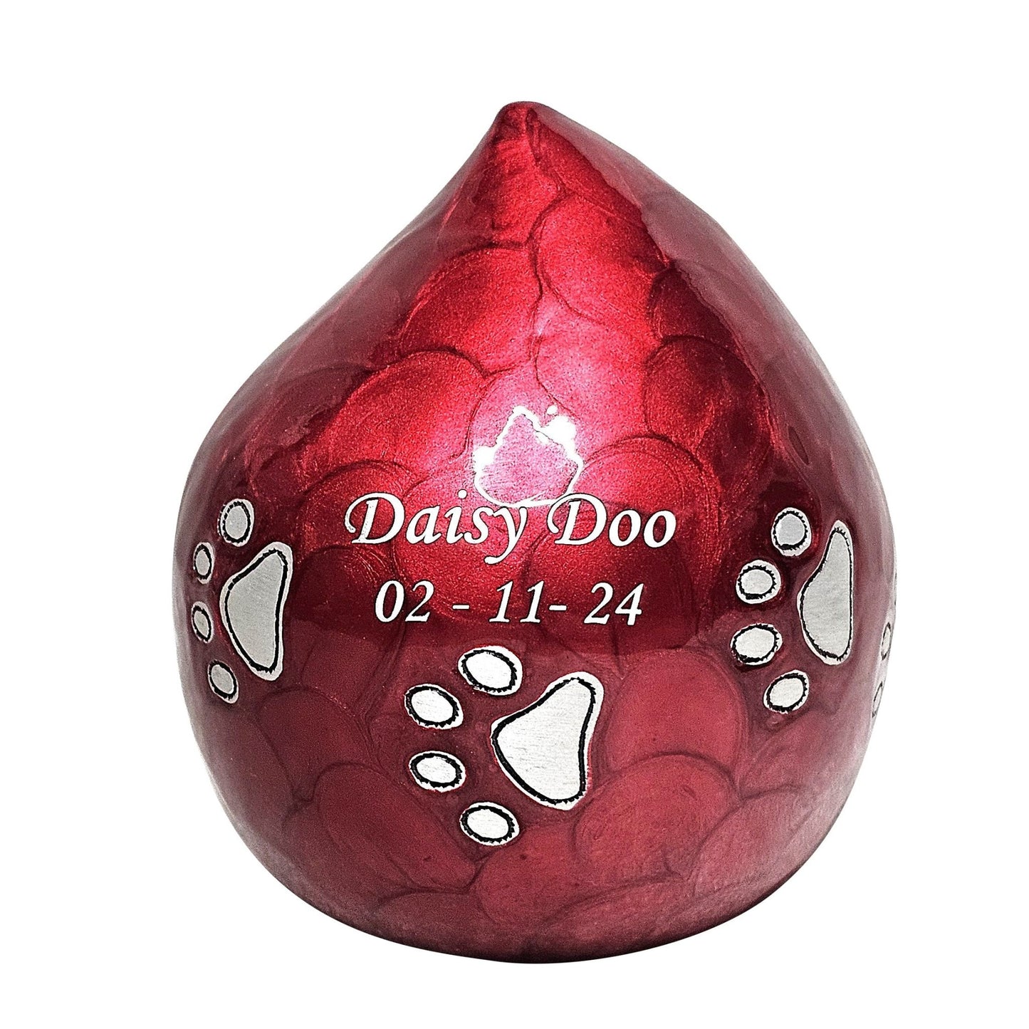 Deep Red Teardrop Pet Urn – Personalised - Living Forever Memories - For then, For now, Forever.