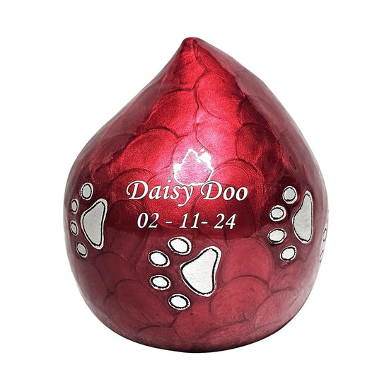 Deep Red Teardrop Pet Urn – Personalised - Living Forever Memories - For then, For now, Forever.