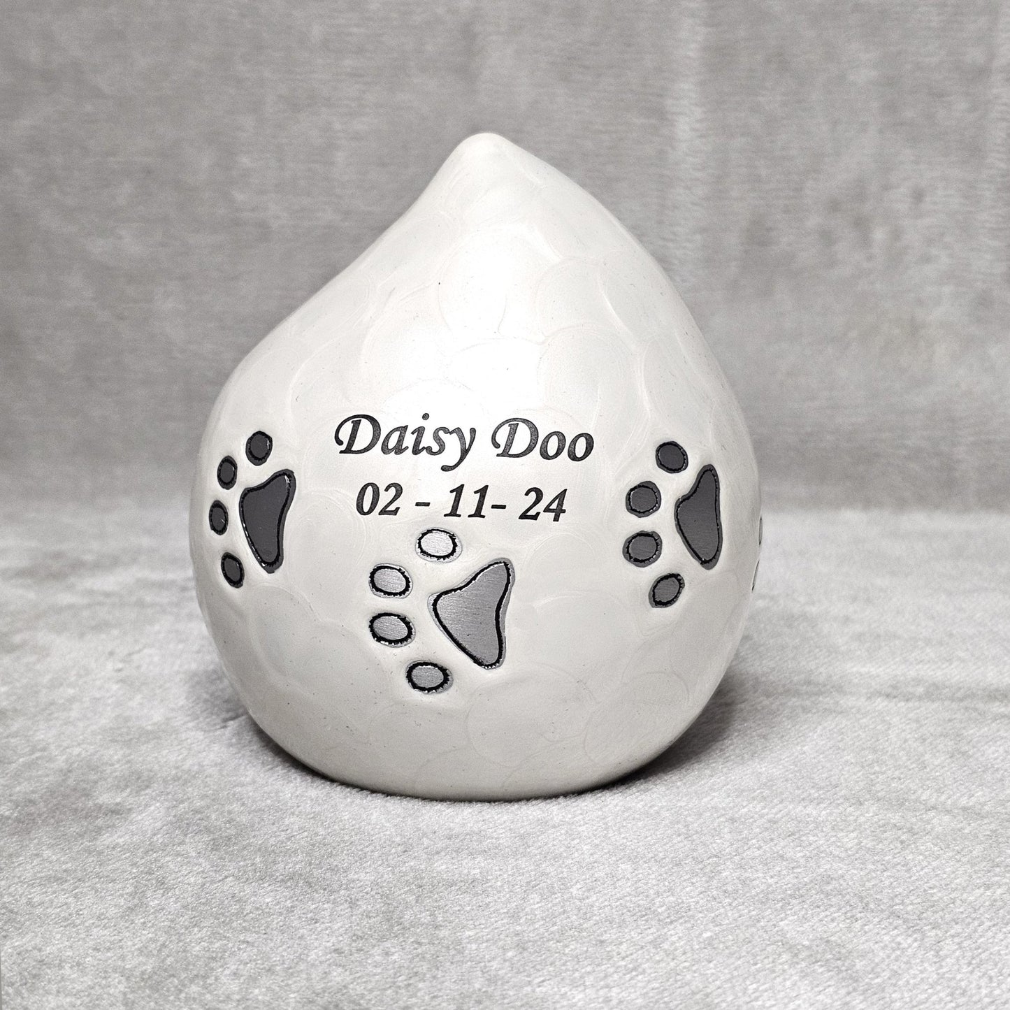 Enamel White Personalised Pet Loss Teardrop Urn - Free Velvet Box & Velvet Bag - Living Forever Memories - For then, For now, Forever.