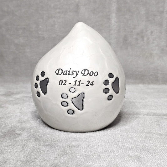 Enamel White Personalised Pet Loss Teardrop Urn - Free Velvet Box & Velvet Bag - Living Forever Memories - For then, For now, Forever.