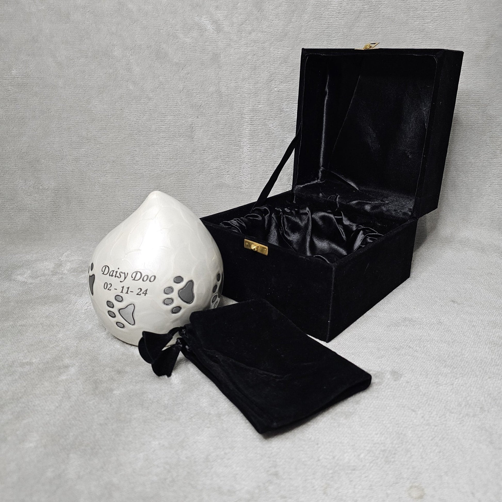 Enamel White Personalised Pet Loss Teardrop Urn - Free Velvet Box & Velvet Bag - Living Forever Memories - For then, For now, Forever.