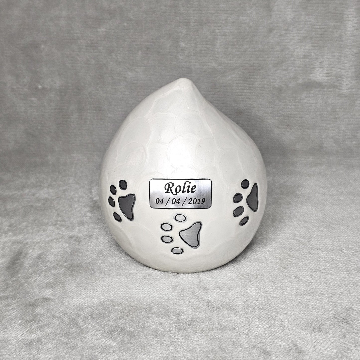 Enamel White Personalised Pet Loss Teardrop Urn - Free Velvet Box & Velvet Bag - Living Forever Memories - For then, For now, Forever.