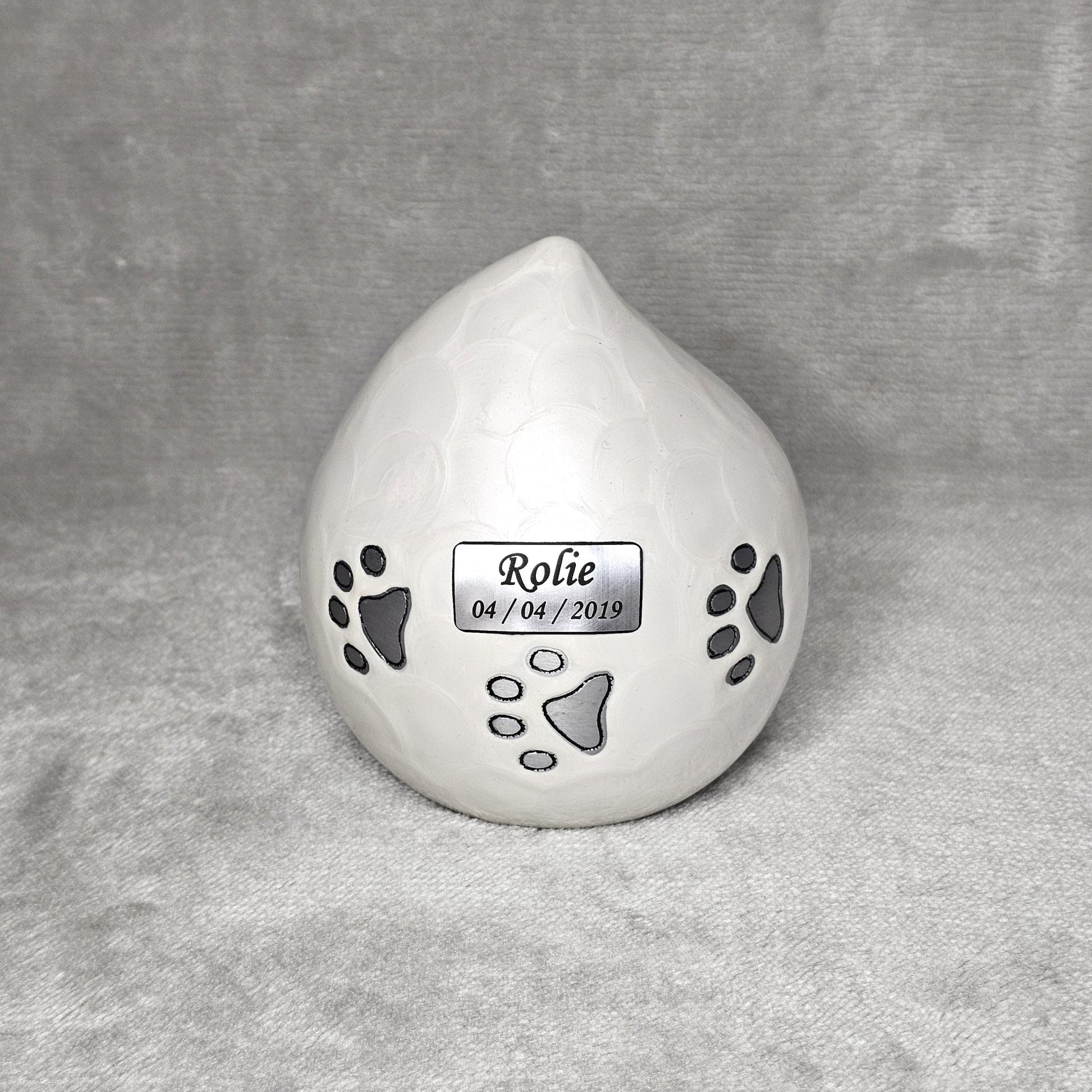 Enamel White Personalised Pet Loss Teardrop Urn - Free Velvet Box & Velvet Bag - Living Forever Memories - For then, For now, Forever.