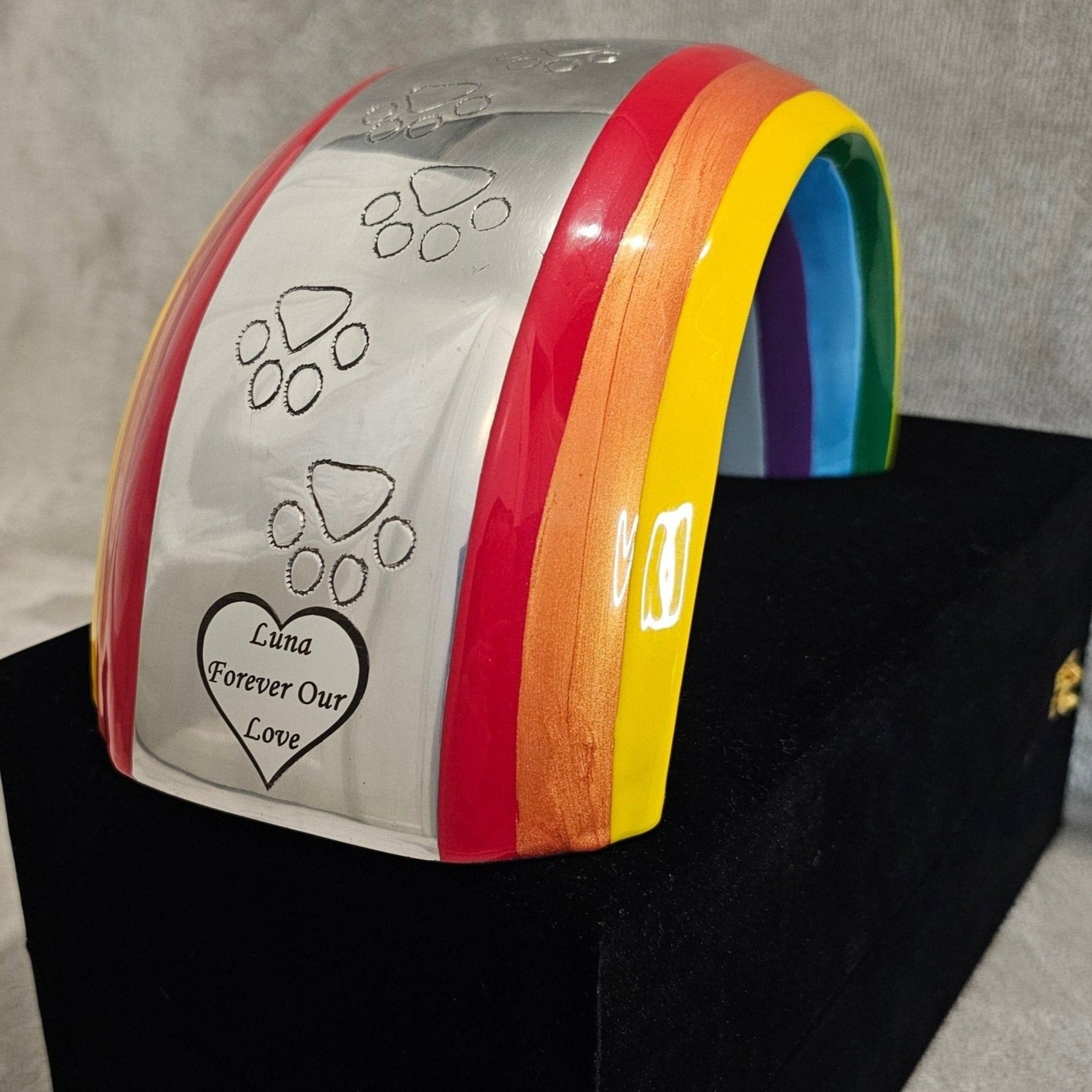 Large Rainbow Bridge Pet Loss Cremation Urn - Rectangle Plaque - Living Forever Memories - For then, For now, Forever.