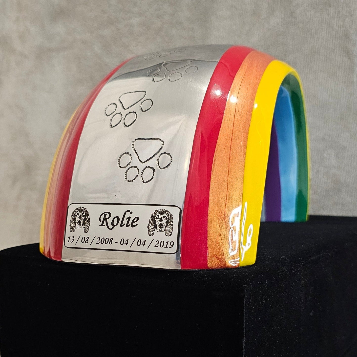 Large Rainbow Bridge Pet Loss Cremation Urn - Rectangle Plaque - Living Forever Memories - For then, For now, Forever.