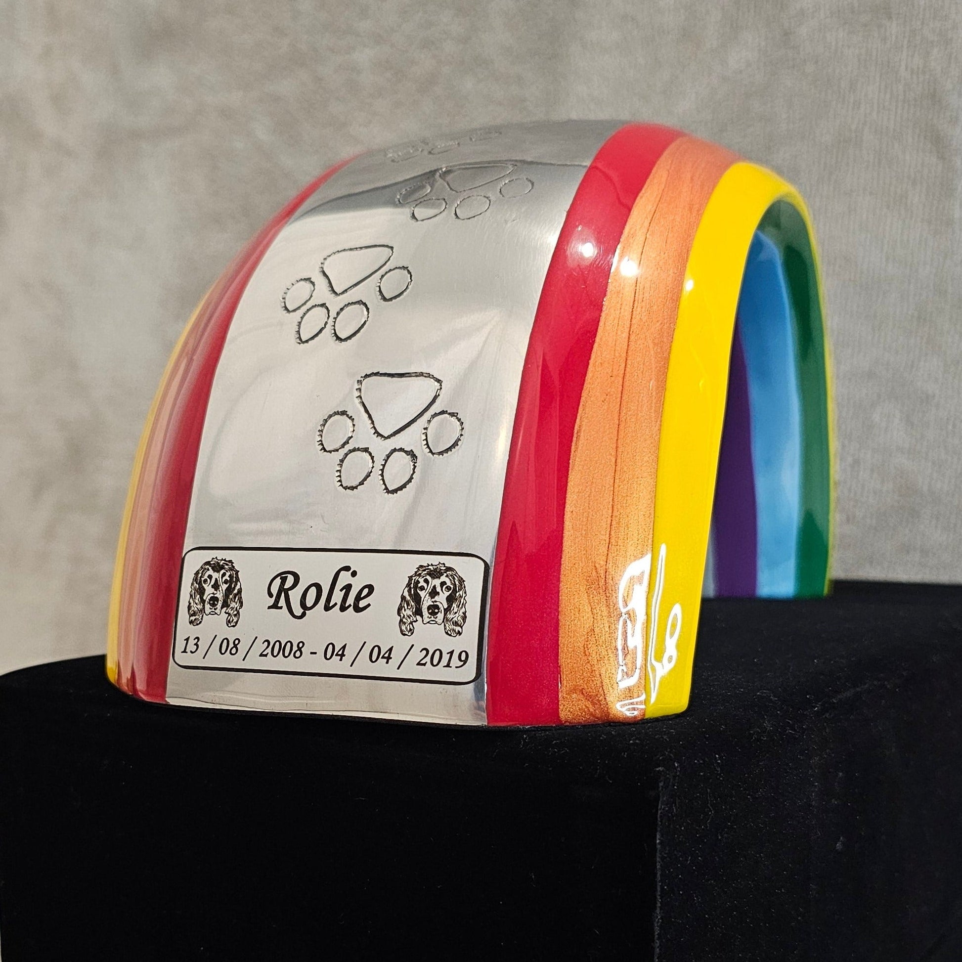 Large Rainbow Bridge Pet Loss Cremation Urn - Rectangle Plaque - Living Forever Memories - For then, For now, Forever.