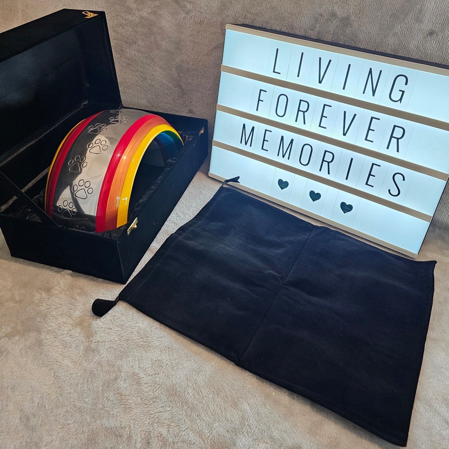 Large Rainbow Bridge Pet Loss Cremation Urn - Rectangle Plaque - Living Forever Memories - For then, For now, Forever.