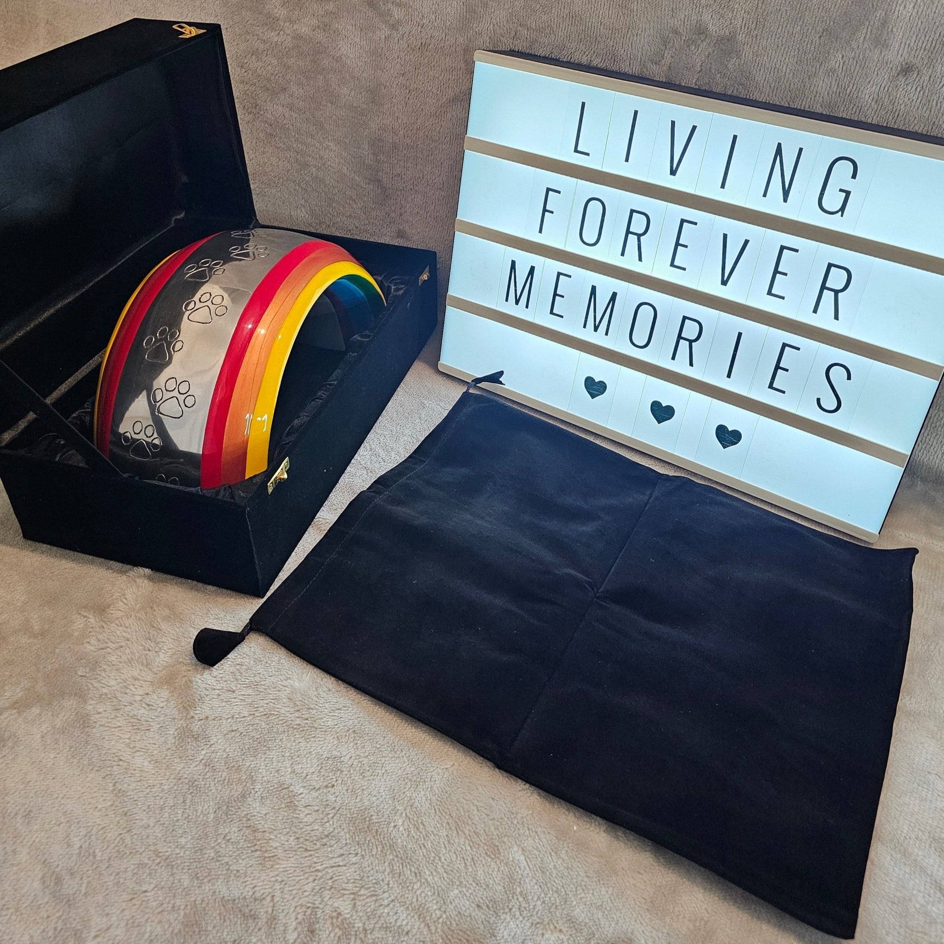 Large Rainbow Bridge Pet Loss Cremation Urn - Rectangle Plaque - Living Forever Memories - For then, For now, Forever.