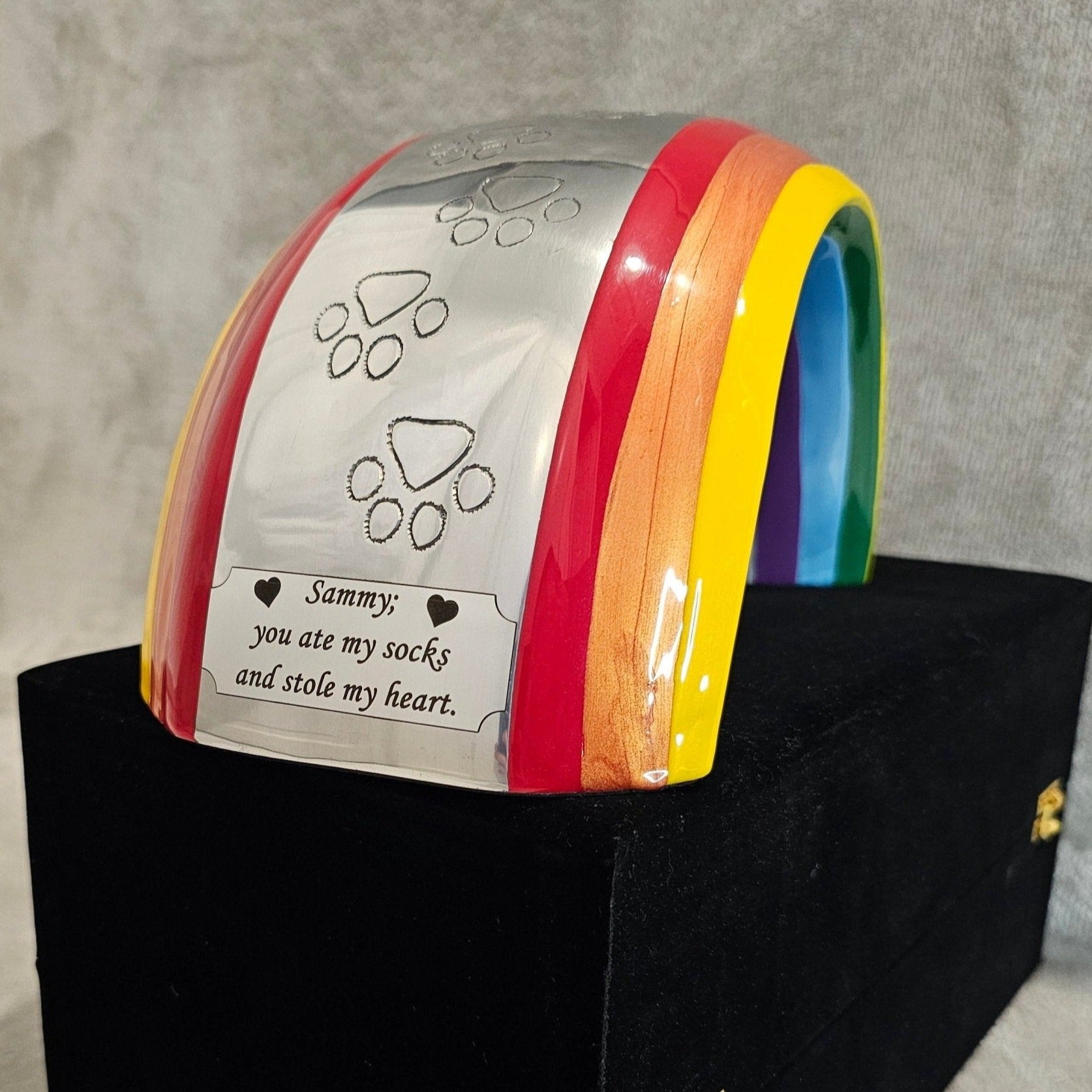 Large Rainbow Bridge Pet Loss Cremation Urn - Rectangle Plaque - Living Forever Memories - For then, For now, Forever.
