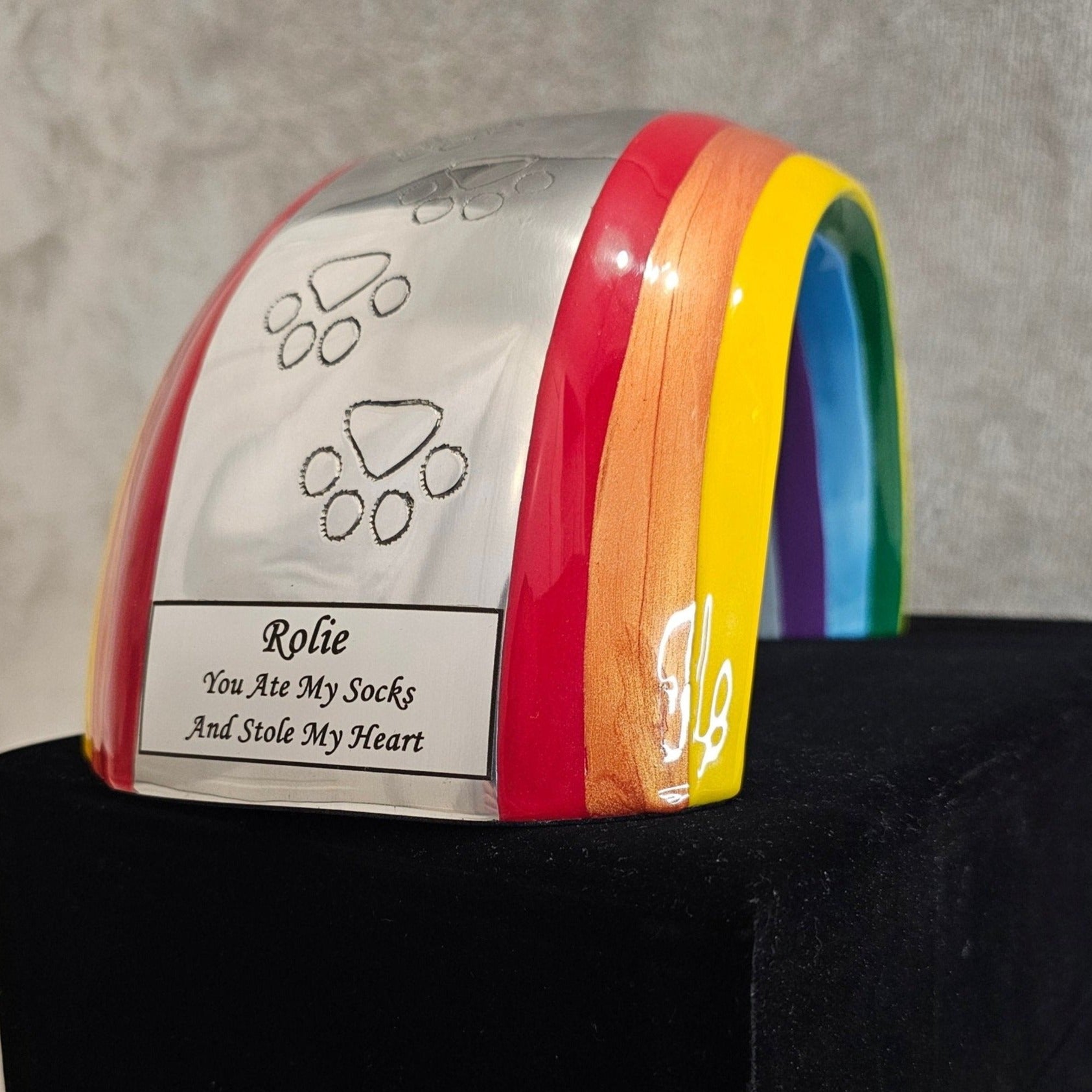 Large Rainbow Bridge Pet Loss Cremation Urn - Rectangle Plaque - Living Forever Memories - For then, For now, Forever.