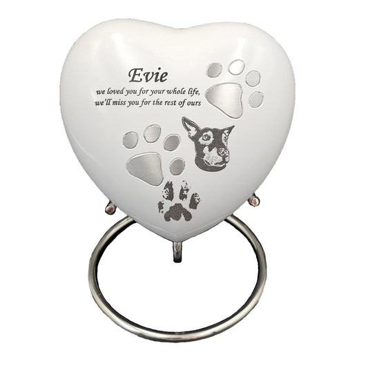 Large White Heart Pet Urn – Personalised - Living Forever Memories - For then, For now, Forever.